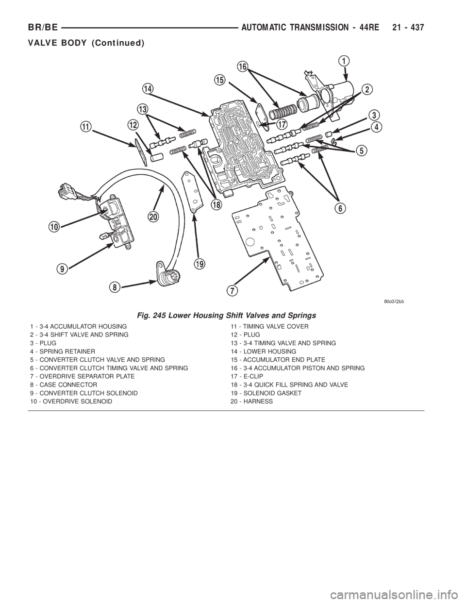DODGE RAM 2001  Service Repair Manual Fig. 245 Lower Housing Shift Valves and Springs
1 - 3-4 ACCUMULATOR HOUSING 11 - TIMING VALVE COVER
2 - 3-4 SHIFT VALVE AND SPRING 12 - PLUG
3 - PLUG 13 - 3-4 TIMING VALVE AND SPRING
4 - SPRING RETAIN