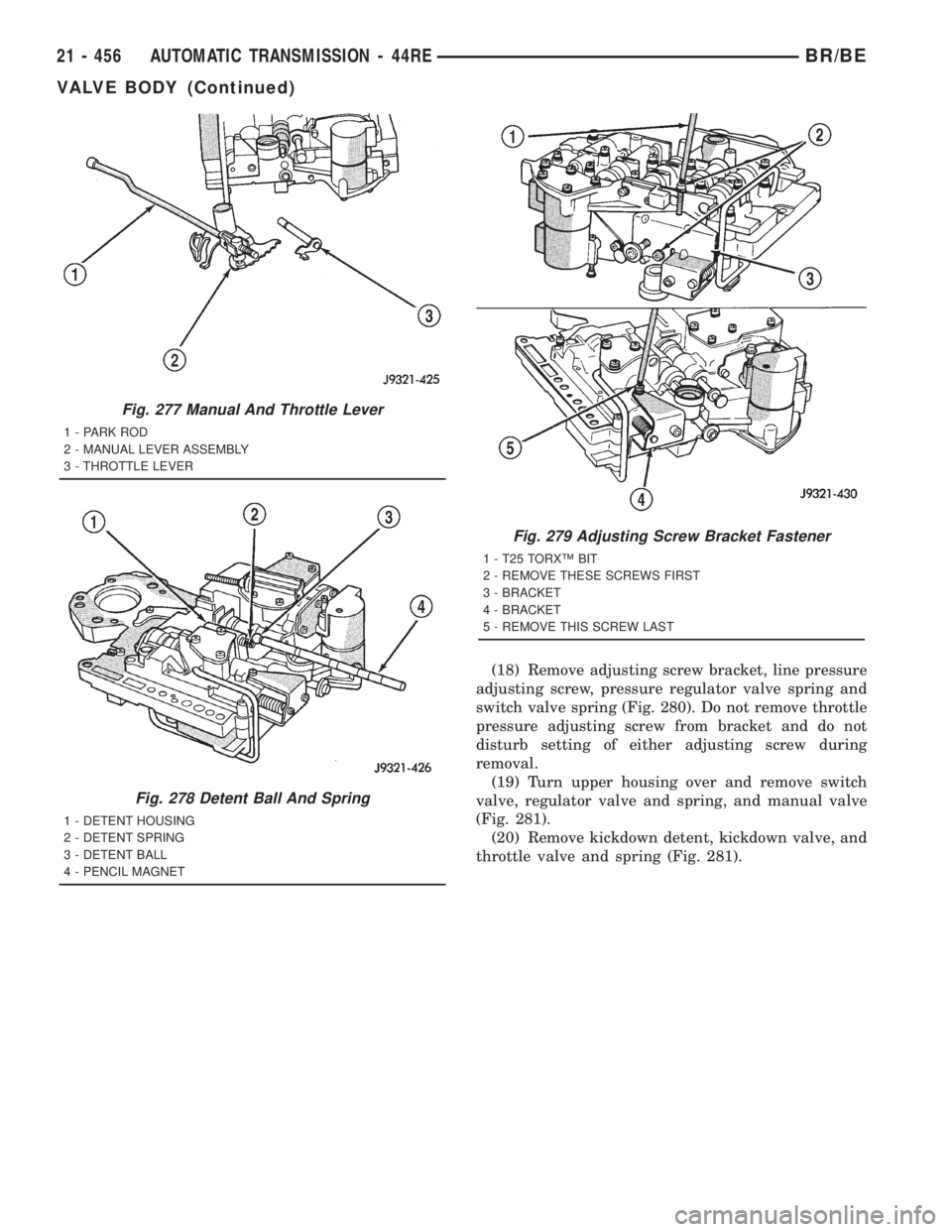 DODGE RAM 2001  Service Repair Manual (18) Remove adjusting screw bracket, line pressure
adjusting screw, pressure regulator valve spring and
switch valve spring (Fig. 280). Do not remove throttle
pressure adjusting screw from bracket and
