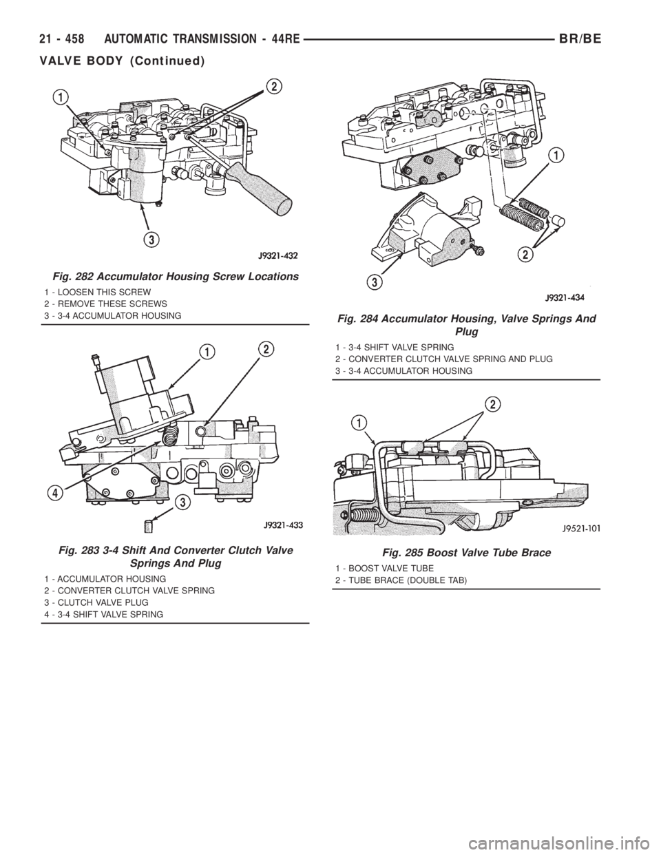 DODGE RAM 2001  Service Repair Manual Fig. 282 Accumulator Housing Screw Locations
1 - LOOSEN THIS SCREW
2 - REMOVE THESE SCREWS
3 - 3-4 ACCUMULATOR HOUSING
Fig. 283 3-4 Shift And Converter Clutch Valve
Springs And Plug
1 - ACCUMULATOR HO