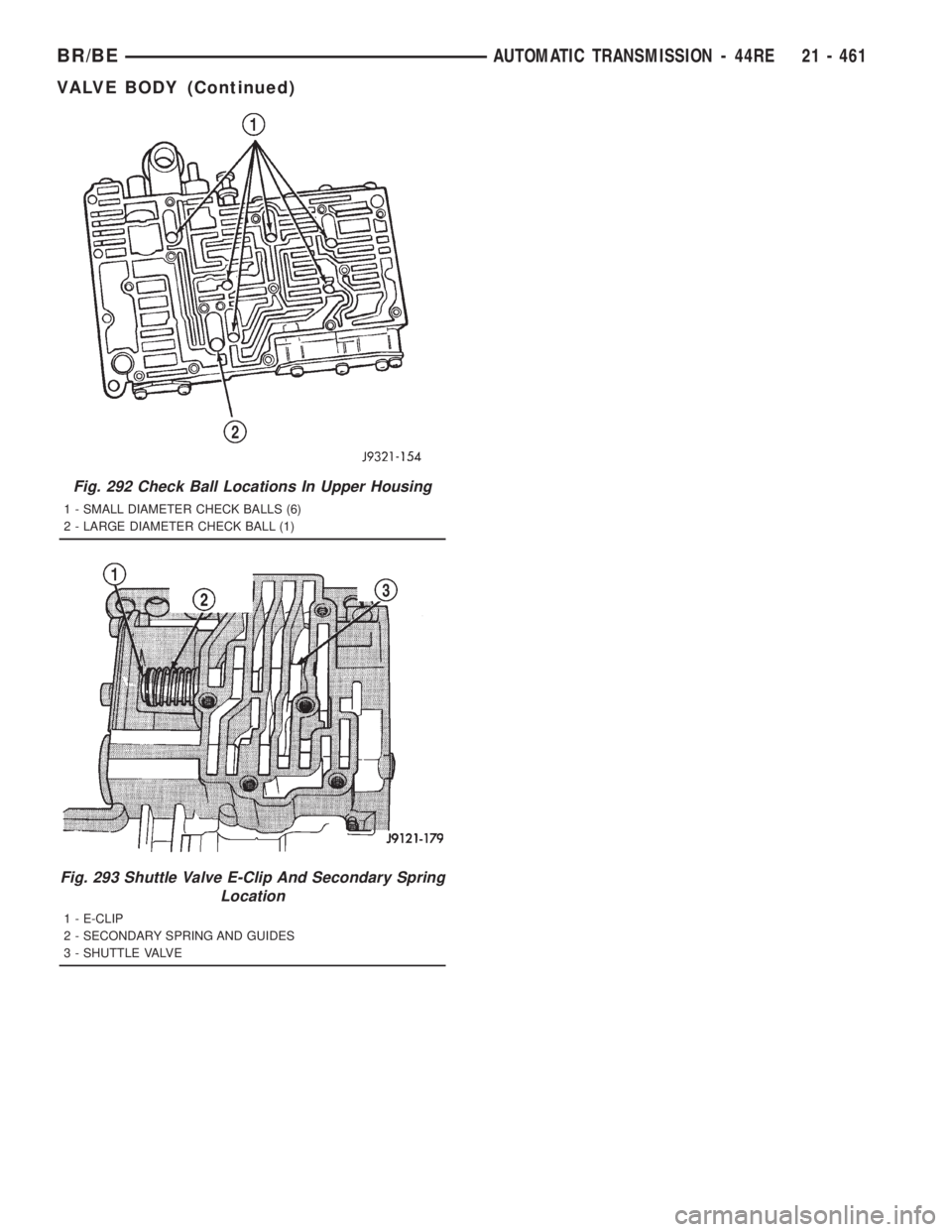 DODGE RAM 2001  Service Repair Manual Fig. 292 Check Ball Locations In Upper Housing
1 - SMALL DIAMETER CHECK BALLS (6)
2 - LARGE DIAMETER CHECK BALL (1)
Fig. 293 Shuttle Valve E-Clip And Secondary Spring
Location
1 - E-CLIP
2 - SECONDARY
