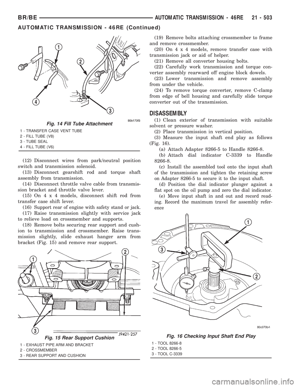 DODGE RAM 2001  Service Repair Manual (12) Disconnect wires from park/neutral position
switch and transmission solenoid.
(13) Disconnect gearshift rod and torque shaft
assembly from transmission.
(14) Disconnect throttle valve cable from 