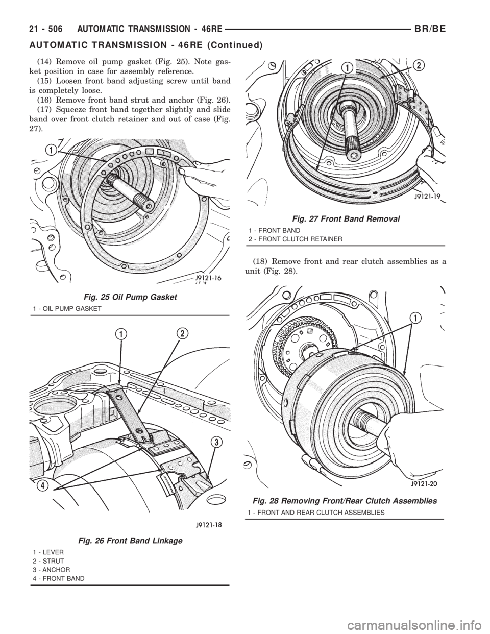 DODGE RAM 2001  Service Repair Manual (14) Remove oil pump gasket (Fig. 25). Note gas-
ket position in case for assembly reference.
(15) Loosen front band adjusting screw until band
is completely loose.
(16) Remove front band strut and an