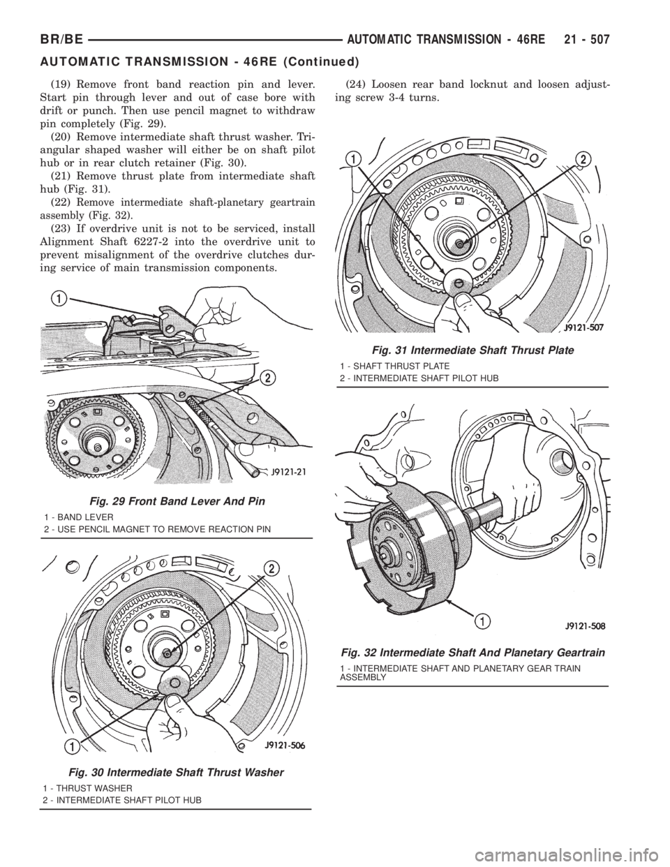 DODGE RAM 2001  Service Repair Manual (19) Remove front band reaction pin and lever.
Start pin through lever and out of case bore with
drift or punch. Then use pencil magnet to withdraw
pin completely (Fig. 29).
(20) Remove intermediate s