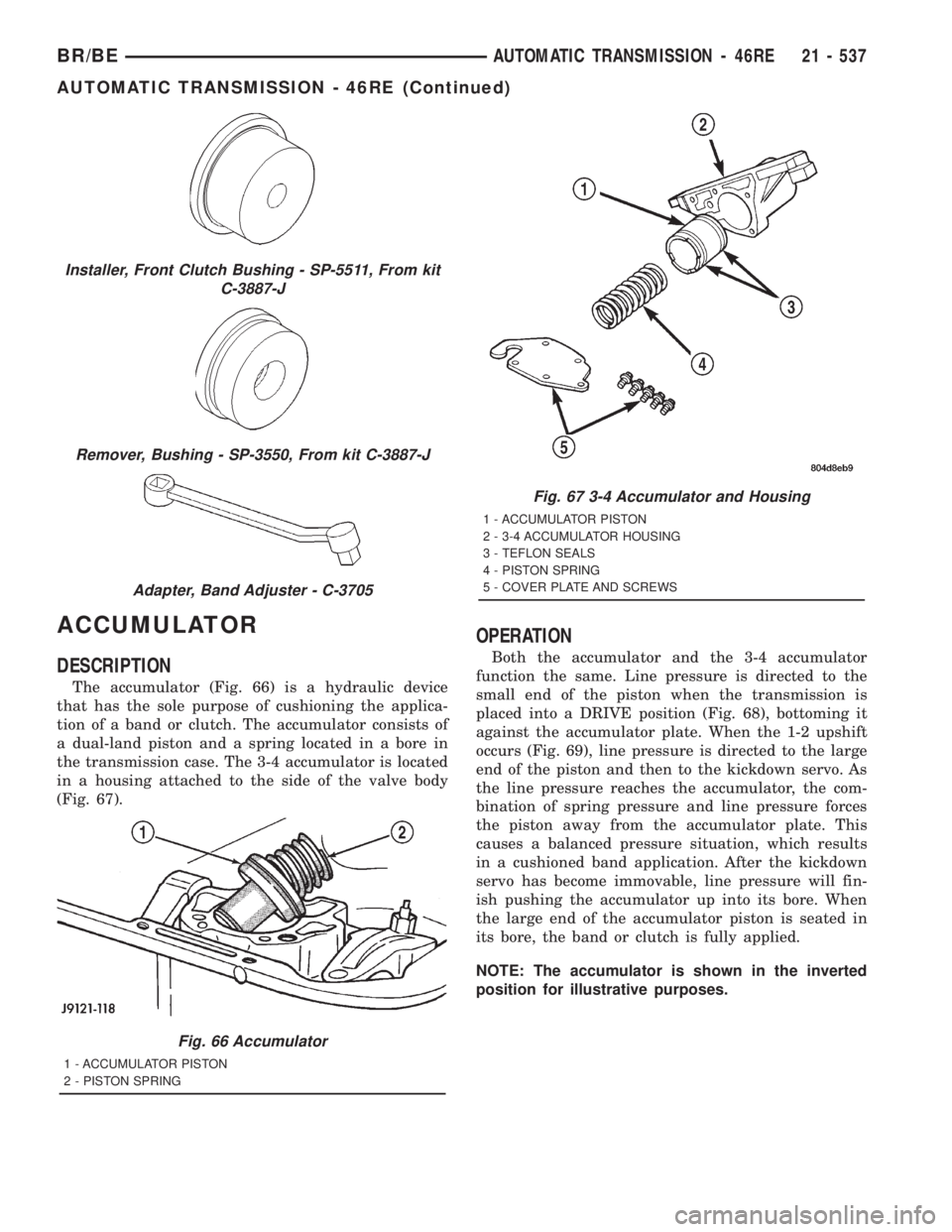 DODGE RAM 2001 Service Repair Manual ACCUMULATOR
DESCRIPTION
The accumulator (Fig. 66) is a hydraulic device
that has the sole purpose of cushioning the applica-
tion of a band or clutch. The accumulator consists of
a dual-land piston an DODGE RAM 2001 Service Repair Manual ACCUMULATOR
DESCRIPTION
The accumulator (Fig. 66) is a hydraulic device
that has the sole purpose of cushioning the applica-
tion of a band or clutch. The accumulator consists of
a dual-land piston an