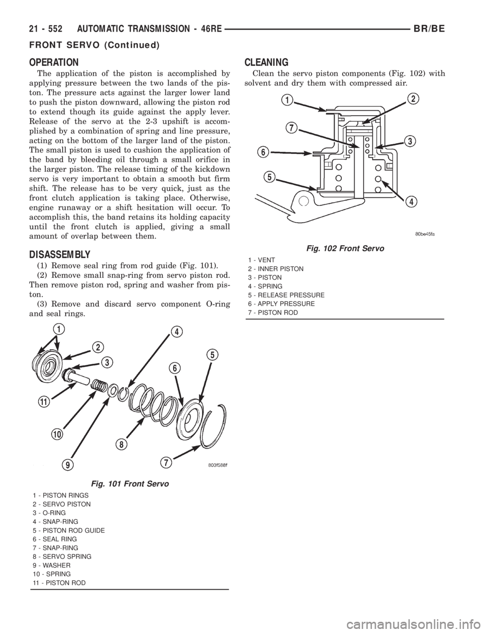 DODGE RAM 2001 Service Repair Manual OPERATION
The application of the piston is accomplished by
applying pressure between the two lands of the pis-
ton. The pressure acts against the larger lower land
to push the piston downward, allowin DODGE RAM 2001 Service Repair Manual OPERATION
The application of the piston is accomplished by
applying pressure between the two lands of the pis-
ton. The pressure acts against the larger lower land
to push the piston downward, allowin