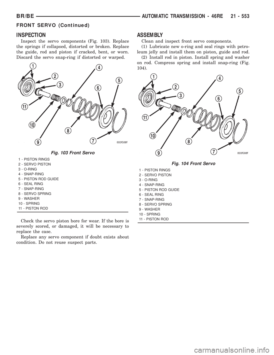 DODGE RAM 2001 Service Repair Manual INSPECTION
Inspect the servo components (Fig. 103). Replace
the springs if collapsed, distorted or broken. Replace
the guide, rod and piston if cracked, bent, or worn.
Discard the servo snap-ring if d DODGE RAM 2001 Service Repair Manual INSPECTION
Inspect the servo components (Fig. 103). Replace
the springs if collapsed, distorted or broken. Replace
the guide, rod and piston if cracked, bent, or worn.
Discard the servo snap-ring if d