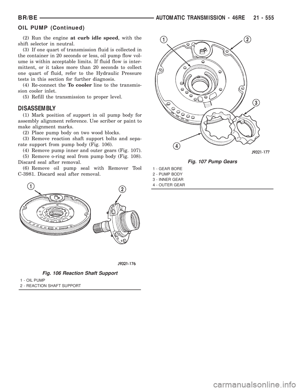 DODGE RAM 2001 Service Repair Manual (2) Run the engineat curb idle speed, with the
shift selector in neutral.
(3) If one quart of transmission fluid is collected in
the container in 20 seconds or less, oil pump flow vol-
ume is within a DODGE RAM 2001 Service Repair Manual (2) Run the engineat curb idle speed, with the
shift selector in neutral.
(3) If one quart of transmission fluid is collected in
the container in 20 seconds or less, oil pump flow vol-
ume is within a