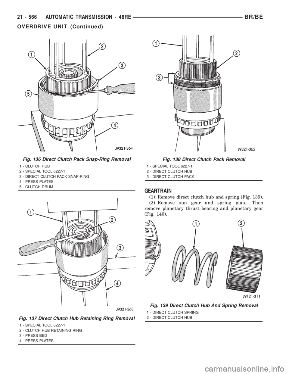 DODGE RAM 2001  Service Repair Manual GEARTRAIN
(1) Remove direct clutch hub and spring (Fig. 139).
(2) Remove sun gear and spring plate. Then
remove planetary thrust bearing and planetary gear
(Fig. 140).
Fig. 136 Direct Clutch Pack Snap