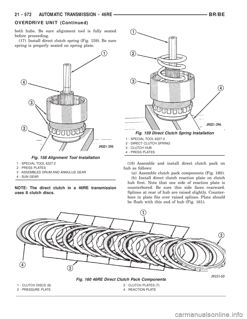 DODGE RAM 2001 Service Repair Manual both hubs. Be sure alignment tool is fully seated
before proceeding.
(17) Install direct clutch spring (Fig. 159). Be sure
spring is properly seated on spring plate.
NOTE: The direct clutch in a 46RE DODGE RAM 2001 Service Repair Manual both hubs. Be sure alignment tool is fully seated
before proceeding.
(17) Install direct clutch spring (Fig. 159). Be sure
spring is properly seated on spring plate.
NOTE: The direct clutch in a 46RE