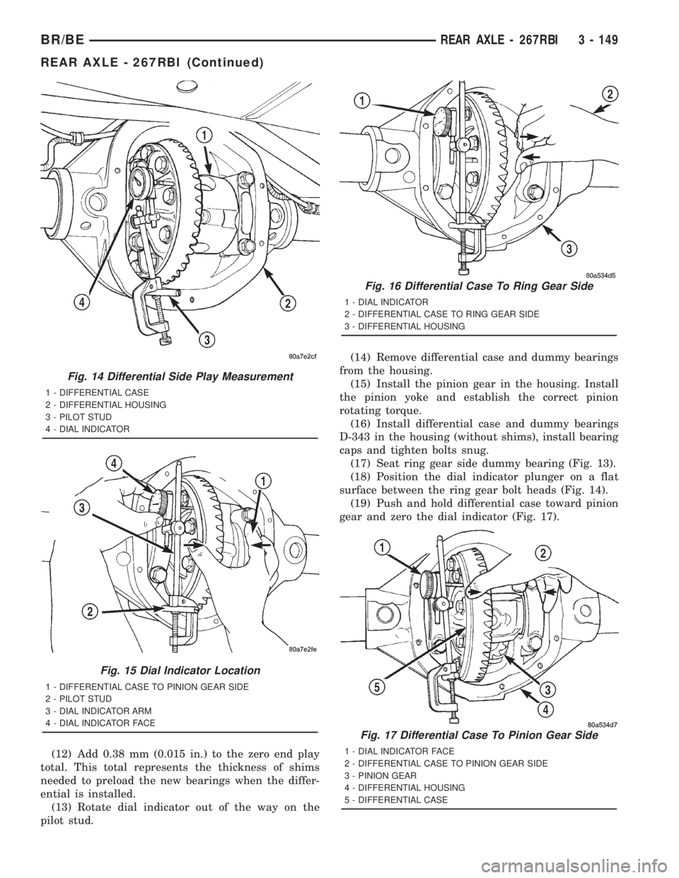 DODGE RAM 2001 Service Repair Manual (12) Add 0.38 mm (0.015 in.) to the zero end play
total. This total represents the thickness of shims
needed to preload the new bearings when the differ-
ential is installed.
(13) Rotate dial indicato DODGE RAM 2001 Service Repair Manual (12) Add 0.38 mm (0.015 in.) to the zero end play
total. This total represents the thickness of shims
needed to preload the new bearings when the differ-
ential is installed.
(13) Rotate dial indicato