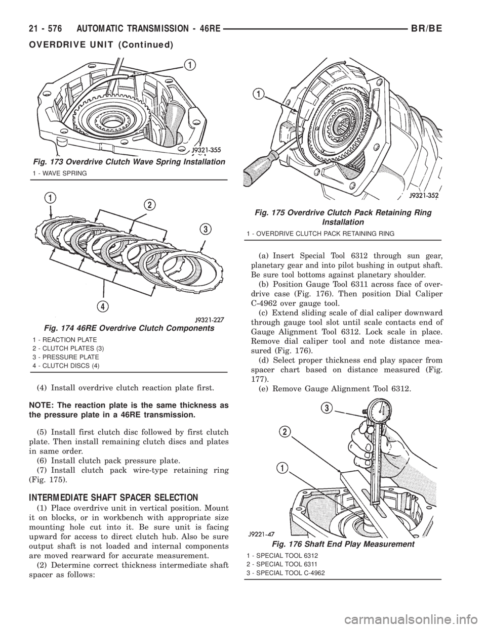 DODGE RAM 2001 Service Repair Manual (4) Install overdrive clutch reaction plate first.
NOTE: The reaction plate is the same thickness as
the pressure plate in a 46RE transmission.
(5) Install first clutch disc followed by first clutch
p DODGE RAM 2001 Service Repair Manual (4) Install overdrive clutch reaction plate first.
NOTE: The reaction plate is the same thickness as
the pressure plate in a 46RE transmission.
(5) Install first clutch disc followed by first clutch
p