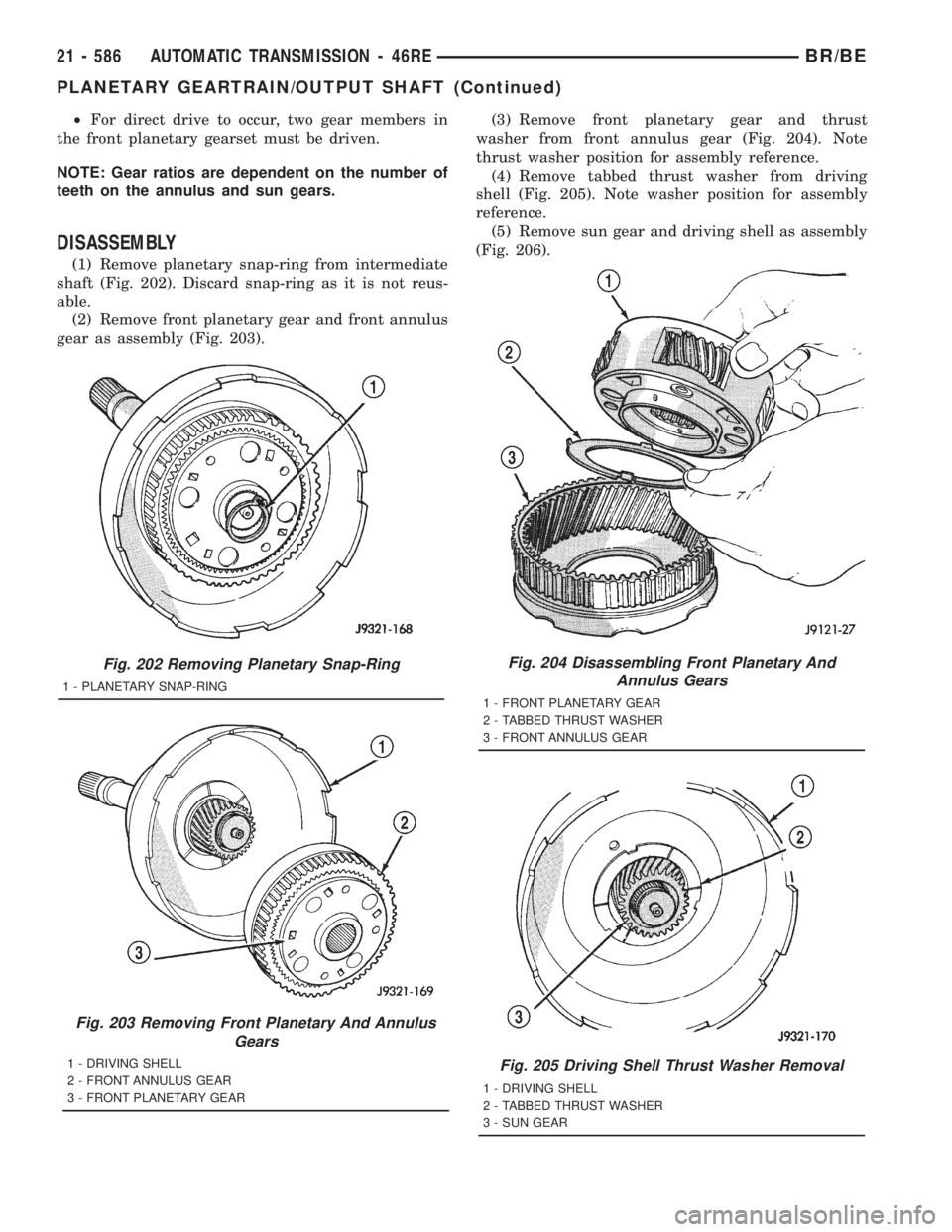 DODGE RAM 2001 Service Repair Manual ²For direct drive to occur, two gear members in
the front planetary gearset must be driven.
NOTE: Gear ratios are dependent on the number of
teeth on the annulus and sun gears.
DISASSEMBLY
(1) Remove DODGE RAM 2001 Service Repair Manual ²For direct drive to occur, two gear members in
the front planetary gearset must be driven.
NOTE: Gear ratios are dependent on the number of
teeth on the annulus and sun gears.
DISASSEMBLY
(1) Remove