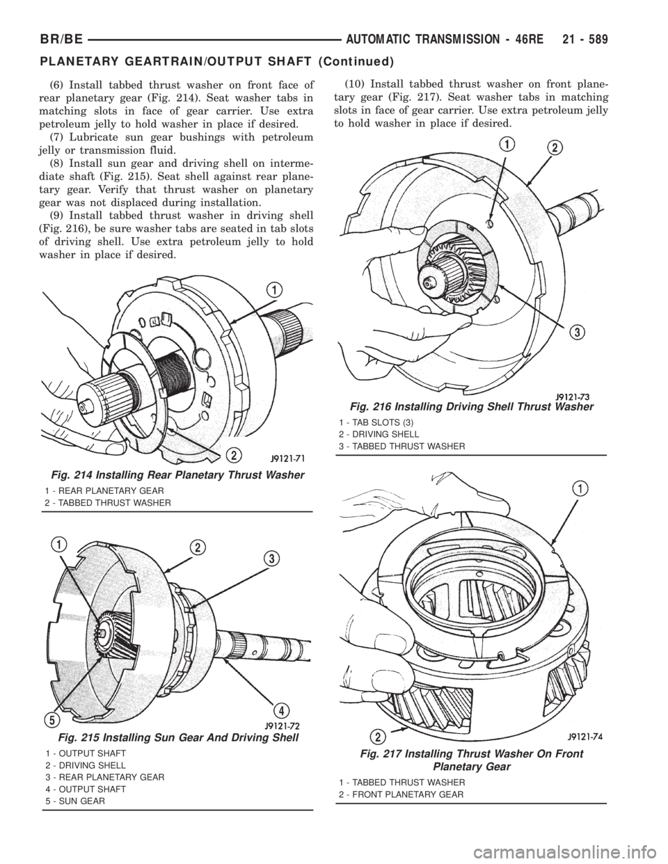 DODGE RAM 2001 Service Repair Manual (6) Install tabbed thrust washer on front face of
rear planetary gear (Fig. 214). Seat washer tabs in
matching slots in face of gear carrier. Use extra
petroleum jelly to hold washer in place if desir DODGE RAM 2001 Service Repair Manual (6) Install tabbed thrust washer on front face of
rear planetary gear (Fig. 214). Seat washer tabs in
matching slots in face of gear carrier. Use extra
petroleum jelly to hold washer in place if desir