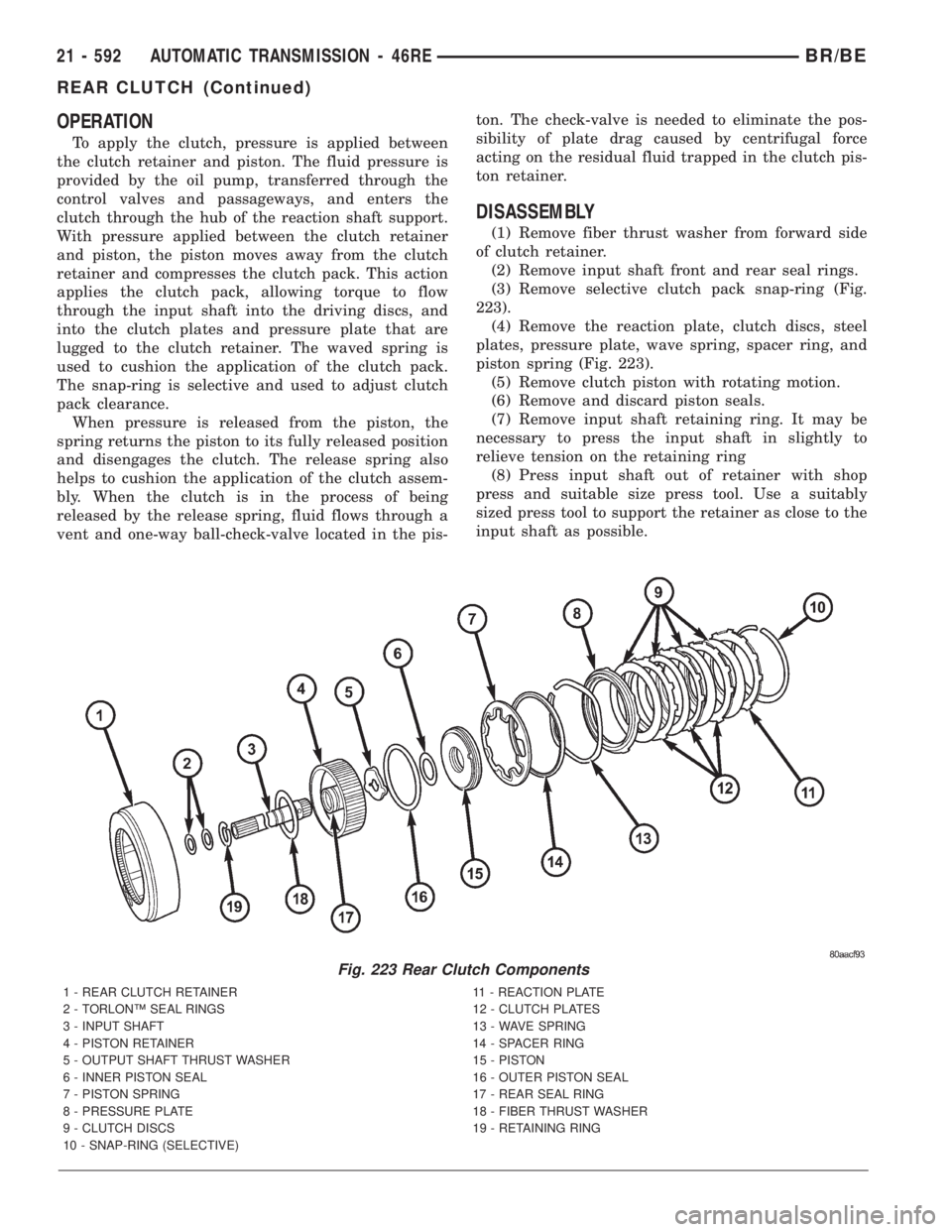 DODGE RAM 2001 Service Repair Manual OPERATION
To apply the clutch, pressure is applied between
the clutch retainer and piston. The fluid pressure is
provided by the oil pump, transferred through the
control valves and passageways, and e DODGE RAM 2001 Service Repair Manual OPERATION
To apply the clutch, pressure is applied between
the clutch retainer and piston. The fluid pressure is
provided by the oil pump, transferred through the
control valves and passageways, and e