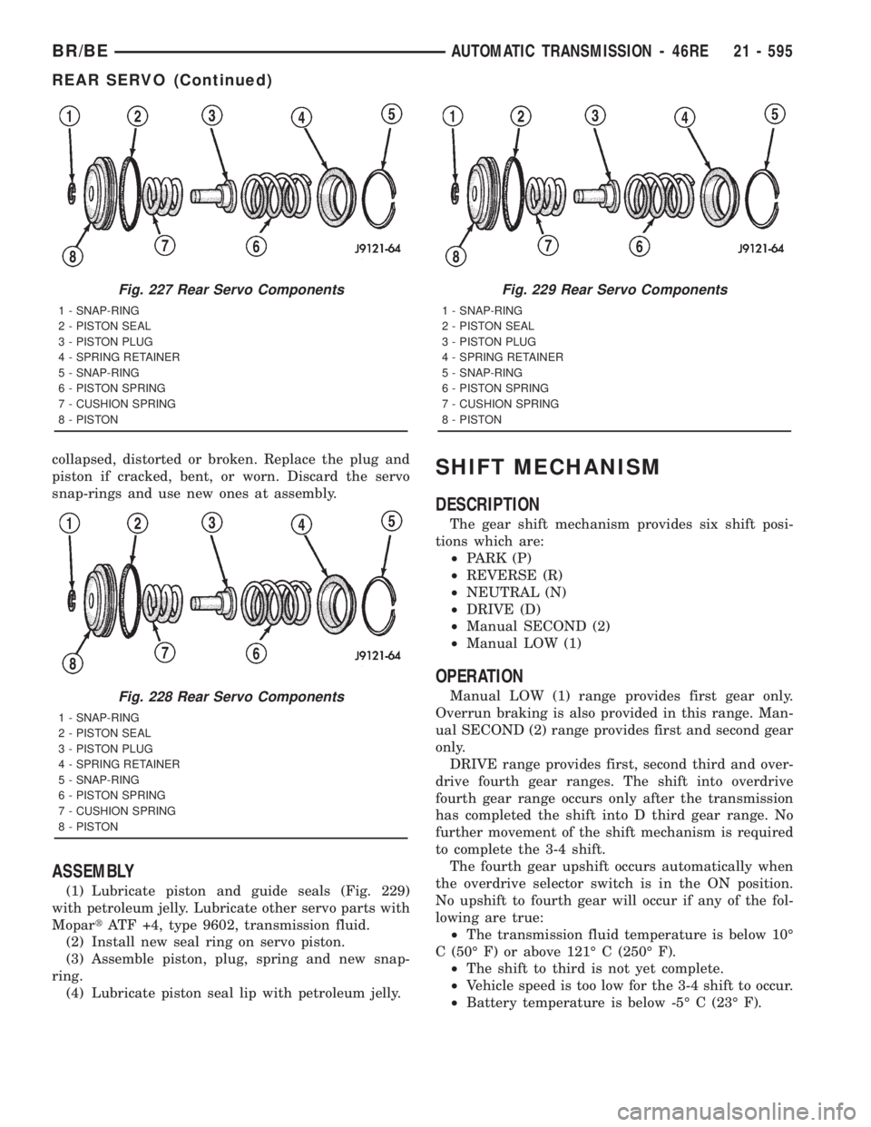 DODGE RAM 2001 Service Repair Manual collapsed, distorted or broken. Replace the plug and
piston if cracked, bent, or worn. Discard the servo
snap-rings and use new ones at assembly.
ASSEMBLY
(1) Lubricate piston and guide seals (Fig. 22 DODGE RAM 2001 Service Repair Manual collapsed, distorted or broken. Replace the plug and
piston if cracked, bent, or worn. Discard the servo
snap-rings and use new ones at assembly.
ASSEMBLY
(1) Lubricate piston and guide seals (Fig. 22