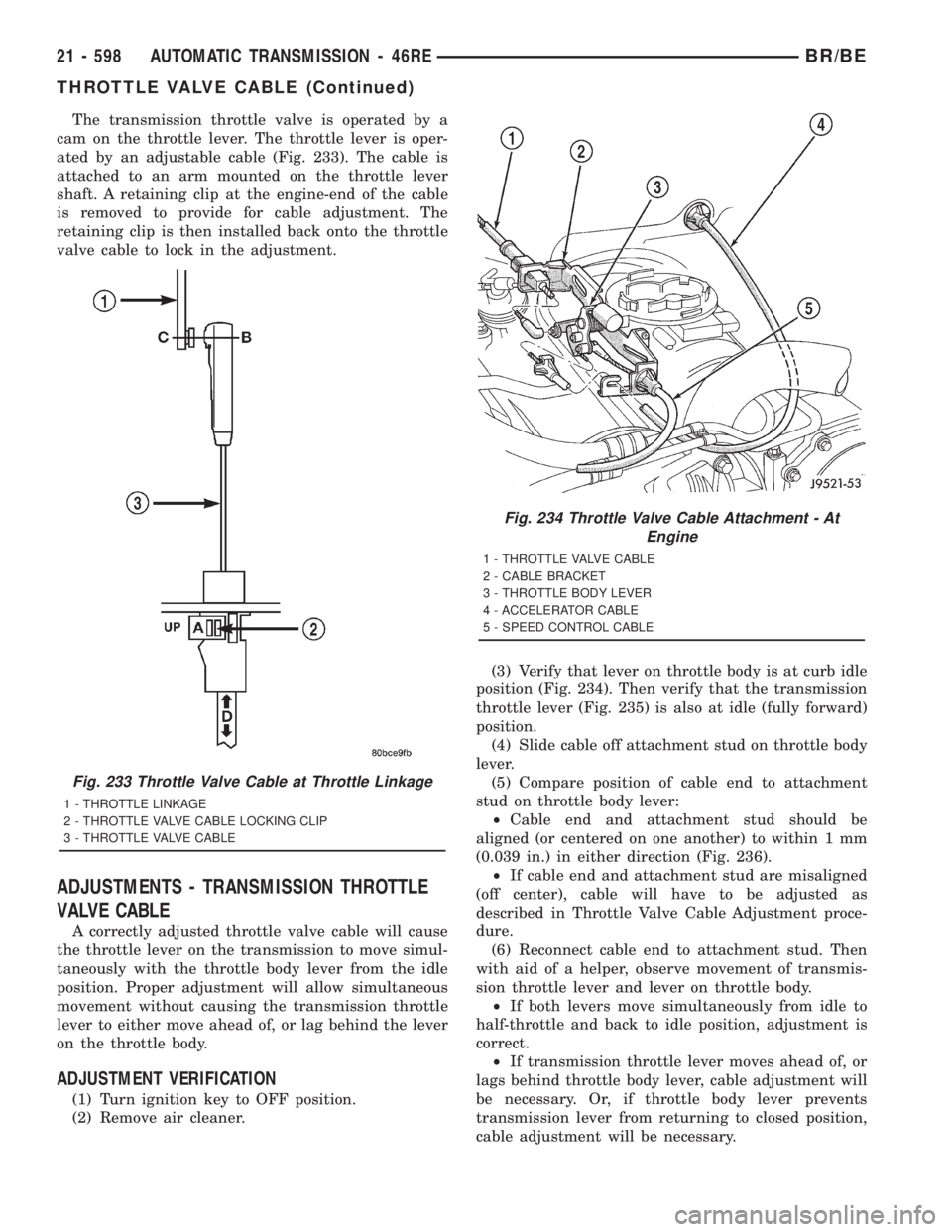 DODGE RAM 2001 Service Repair Manual The transmission throttle valve is operated by a
cam on the throttle lever. The throttle lever is oper-
ated by an adjustable cable (Fig. 233). The cable is
attached to an arm mounted on the throttle DODGE RAM 2001 Service Repair Manual The transmission throttle valve is operated by a
cam on the throttle lever. The throttle lever is oper-
ated by an adjustable cable (Fig. 233). The cable is
attached to an arm mounted on the throttle