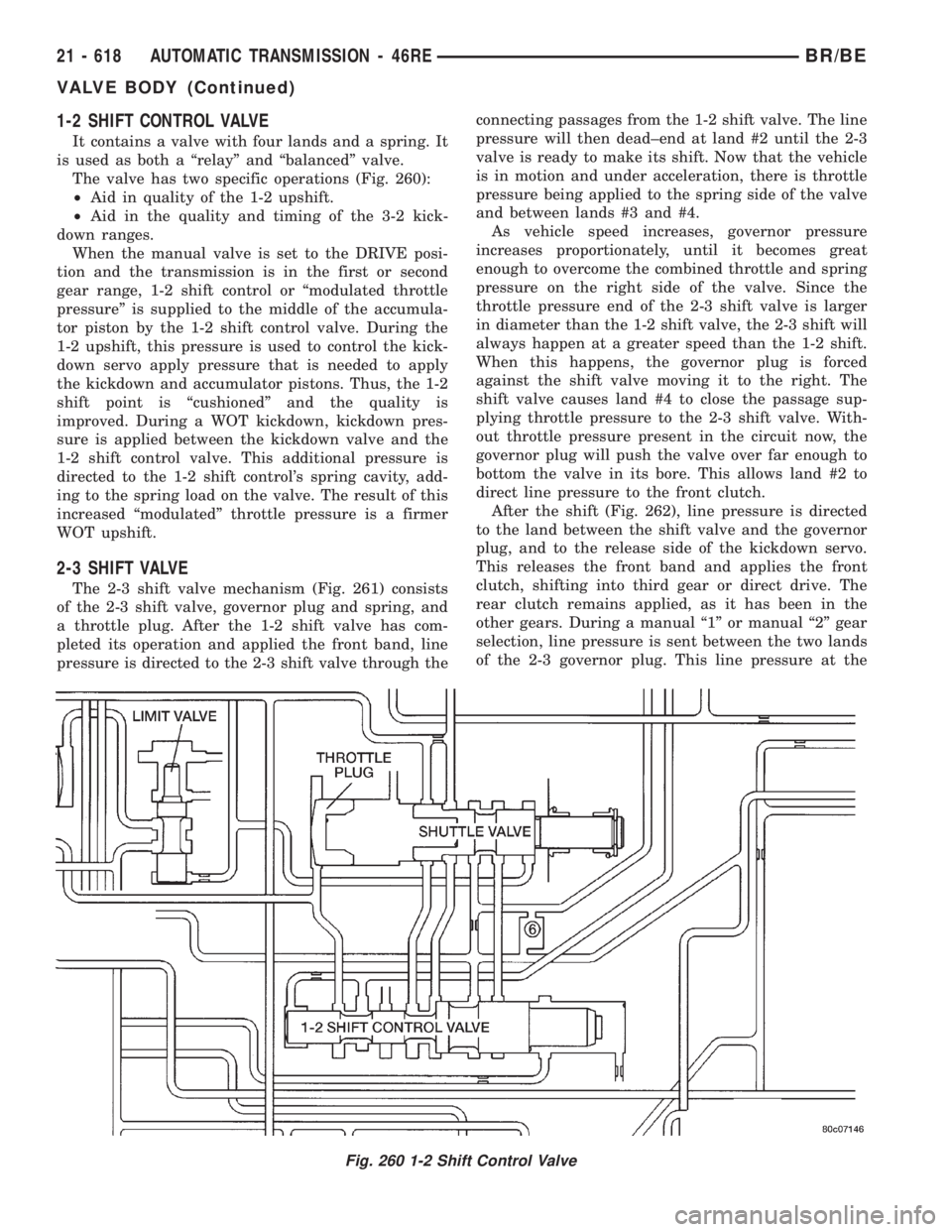 DODGE RAM 2001 Service Repair Manual 1-2 SHIFT CONTROL VALVE
It contains a valve with four lands and a spring. It
is used as both a ªrelayº and ªbalancedº valve.
The valve has two specific operations (Fig. 260):
²Aid in quality of t DODGE RAM 2001 Service Repair Manual 1-2 SHIFT CONTROL VALVE
It contains a valve with four lands and a spring. It
is used as both a ªrelayº and ªbalancedº valve.
The valve has two specific operations (Fig. 260):
²Aid in quality of t