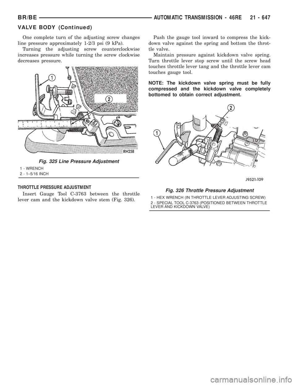 DODGE RAM 2001 Service Repair Manual One complete turn of the adjusting screw changes
line pressure approximately 1-2/3 psi (9 kPa).
Turning the adjusting screw counterclockwise
increases pressure while turning the screw clockwise
decrea DODGE RAM 2001 Service Repair Manual One complete turn of the adjusting screw changes
line pressure approximately 1-2/3 psi (9 kPa).
Turning the adjusting screw counterclockwise
increases pressure while turning the screw clockwise
decrea