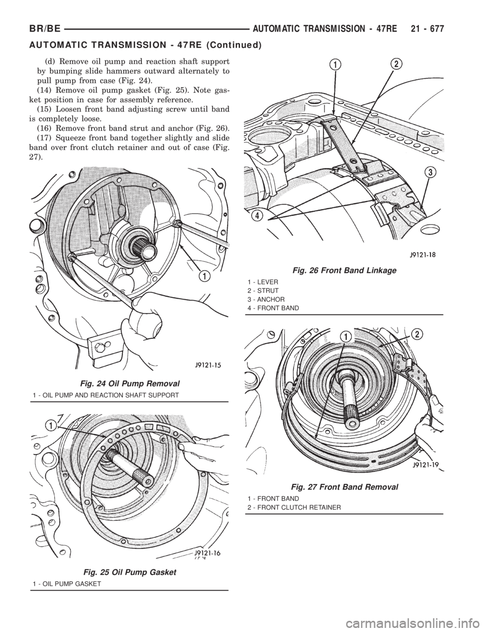 DODGE RAM 2001  Service Repair Manual (d) Remove oil pump and reaction shaft support
by bumping slide hammers outward alternately to
pull pump from case (Fig. 24).
(14) Remove oil pump gasket (Fig. 25). Note gas-
ket position in case for 