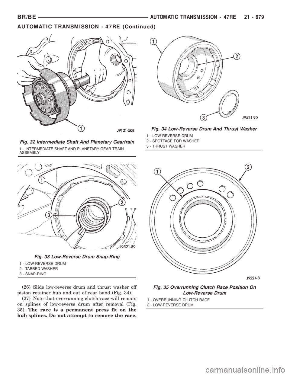 DODGE RAM 2001  Service Repair Manual (26) Slide low-reverse drum and thrust washer off
piston retainer hub and out of rear band (Fig. 34).
(27) Note that overrunning clutch race will remain
on splines of low-reverse drum after removal (F