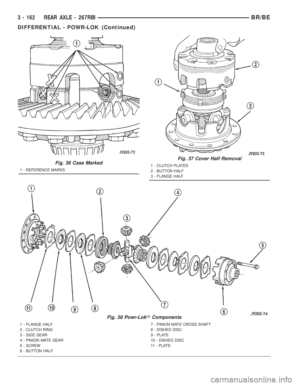 DODGE RAM 2001  Service Repair Manual Fig. 37 Cover Half Removal
1 - CLUTCH PLATES
2 - BUTTON HALF
3 - FLANGE HALFFig. 36 Case Marked
1 - REFERENCE MARKS
Fig. 38 Powr-LokYComponents
1 - FLANGE HALF
2 - CLUTCH RING
3 - SIDE GEAR
4 - PINION