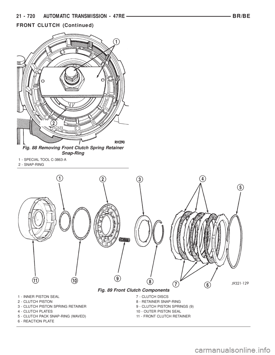DODGE RAM 2001  Service Repair Manual Fig. 88 Removing Front Clutch Spring Retainer
Snap-Ring
1 - SPECIAL TOOL C-3863-A
2 - SNAP-RING
Fig. 89 Front Clutch Components
1 - INNER PISTON SEAL 7 - CLUTCH DISCS
2 - CLUTCH PISTON 8 - RETAINER SN