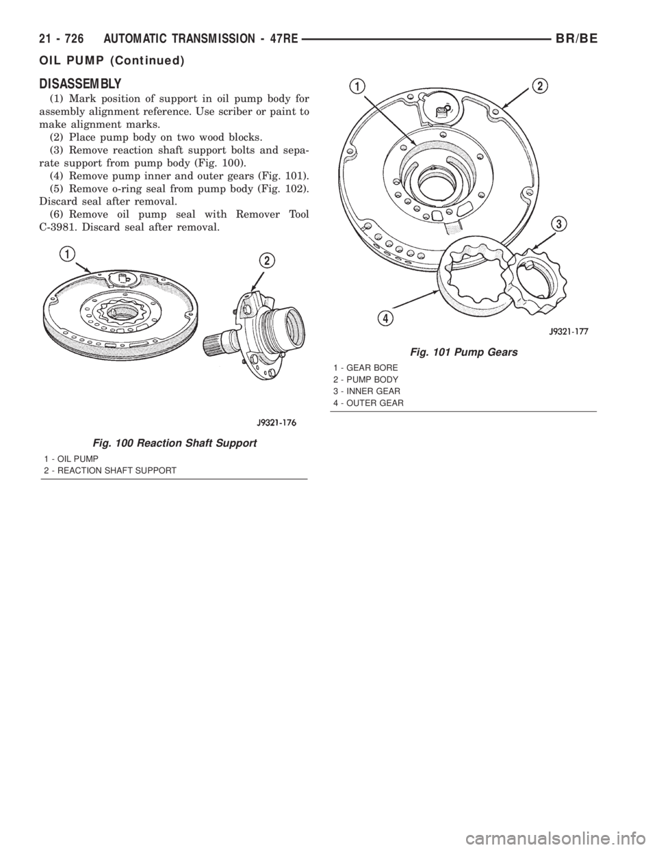 DODGE RAM 2001  Service Repair Manual DISASSEMBLY
(1) Mark position of support in oil pump body for
assembly alignment reference. Use scriber or paint to
make alignment marks.
(2) Place pump body on two wood blocks.
(3) Remove reaction sh