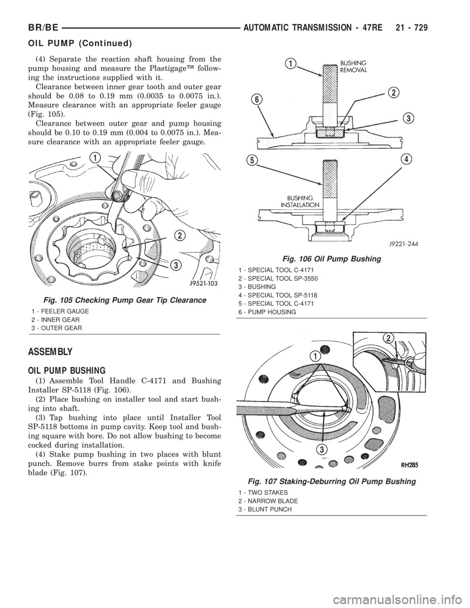 DODGE RAM 2001 Service Repair Manual (4) Separate the reaction shaft housing from the
pump housing and measure the PlastigageŸ follow-
ing the instructions supplied with it.
Clearance between inner gear tooth and outer gear
should be 0. DODGE RAM 2001 Service Repair Manual (4) Separate the reaction shaft housing from the
pump housing and measure the PlastigageŸ follow-
ing the instructions supplied with it.
Clearance between inner gear tooth and outer gear
should be 0.