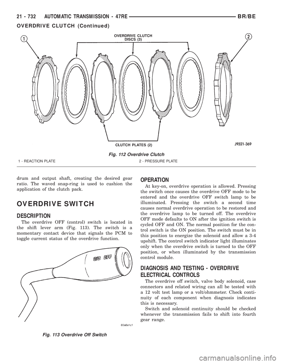 DODGE RAM 2001 Service Repair Manual drum and output shaft, creating the desired gear
ratio. The waved snap-ring is used to cushion the
application of the clutch pack.
OVERDRIVE SWITCH
DESCRIPTION
The overdrive OFF (control) switch is lo DODGE RAM 2001 Service Repair Manual drum and output shaft, creating the desired gear
ratio. The waved snap-ring is used to cushion the
application of the clutch pack.
OVERDRIVE SWITCH
DESCRIPTION
The overdrive OFF (control) switch is lo