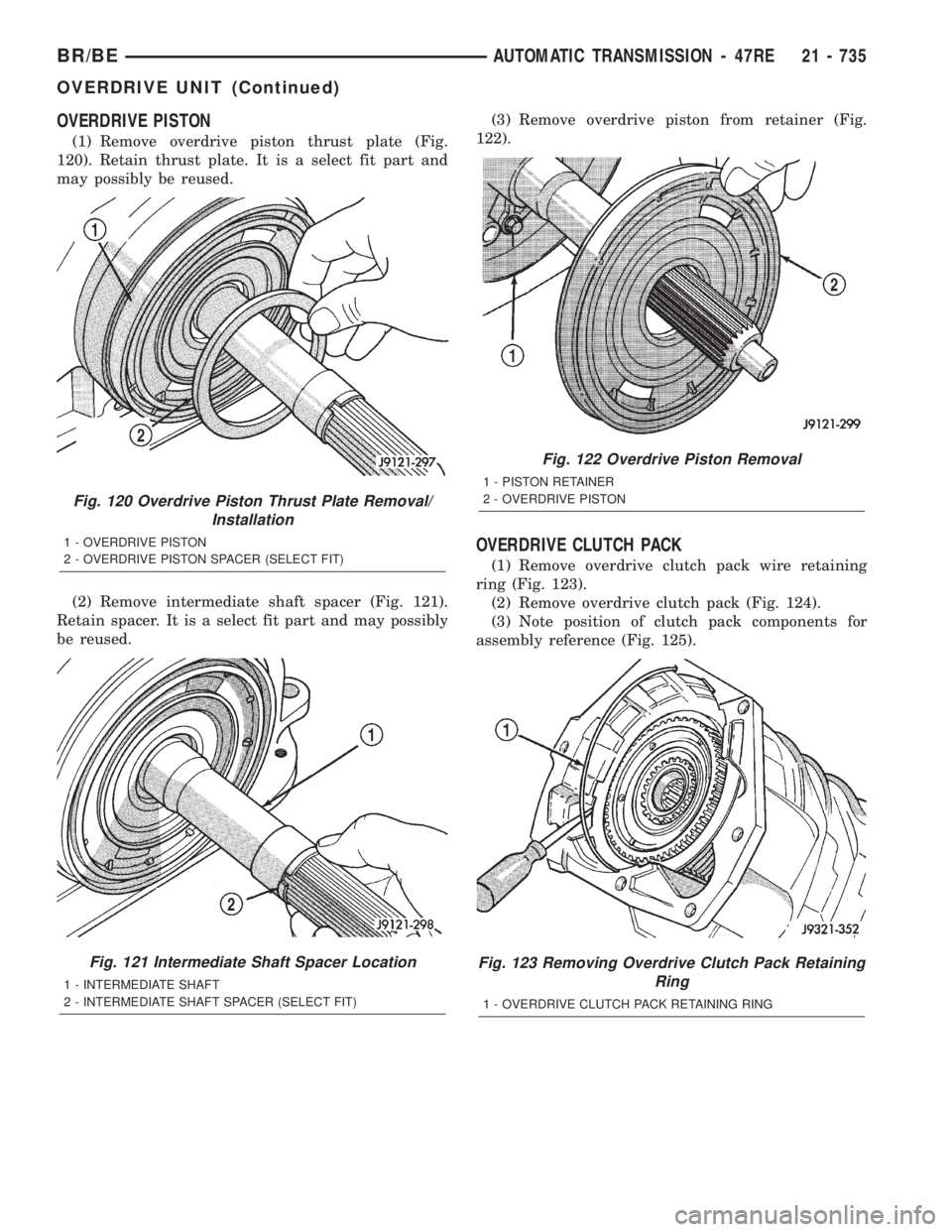 DODGE RAM 2001 Service Repair Manual OVERDRIVE PISTON
(1) Remove overdrive piston thrust plate (Fig.
120). Retain thrust plate. It is a select fit part and
may possibly be reused.
(2) Remove intermediate shaft spacer (Fig. 121).
Retain s DODGE RAM 2001 Service Repair Manual OVERDRIVE PISTON
(1) Remove overdrive piston thrust plate (Fig.
120). Retain thrust plate. It is a select fit part and
may possibly be reused.
(2) Remove intermediate shaft spacer (Fig. 121).
Retain s