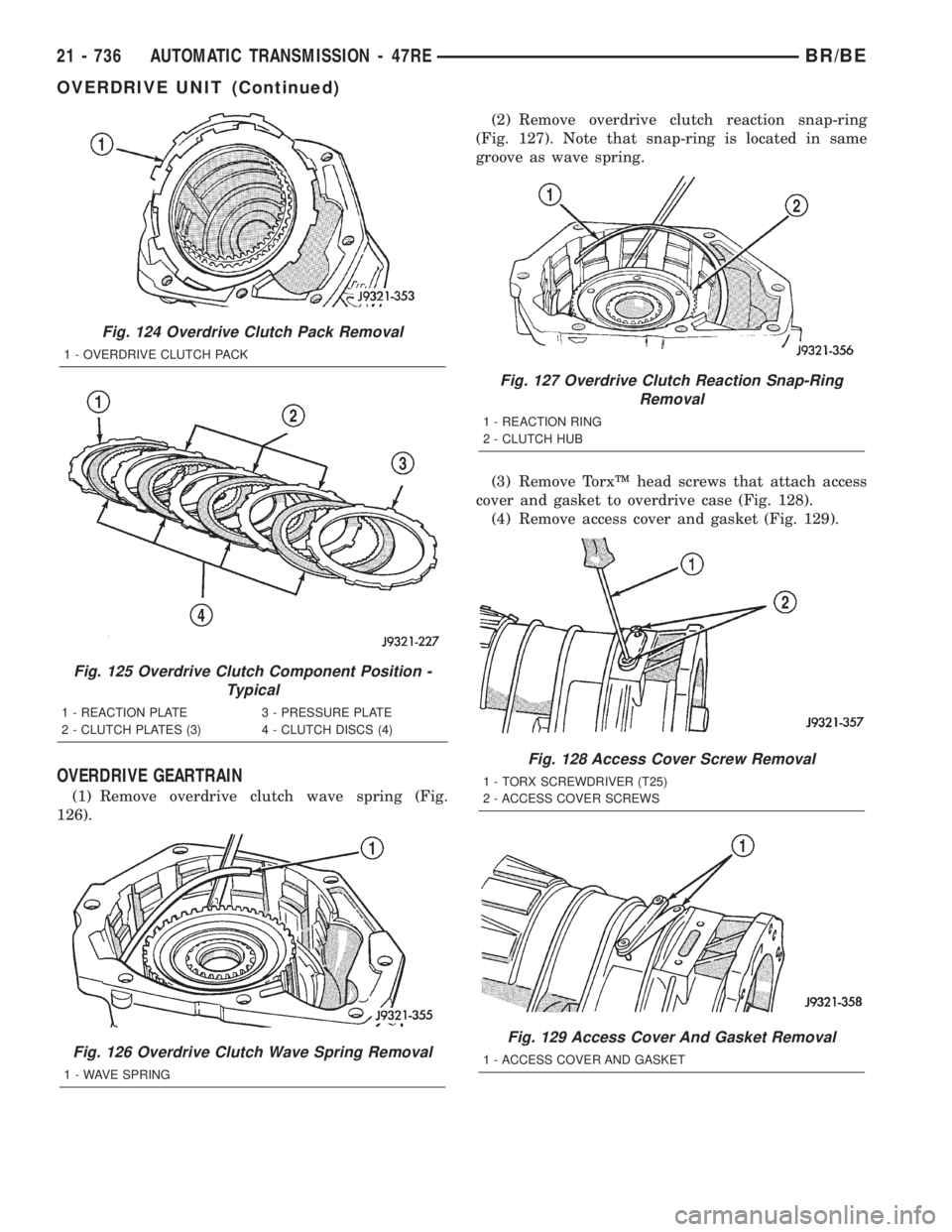 DODGE RAM 2001  Service Repair Manual OVERDRIVE GEARTRAIN
(1) Remove overdrive clutch wave spring (Fig.
126).(2) Remove overdrive clutch reaction snap-ring
(Fig. 127). Note that snap-ring is located in same
groove as wave spring.
(3) Remo