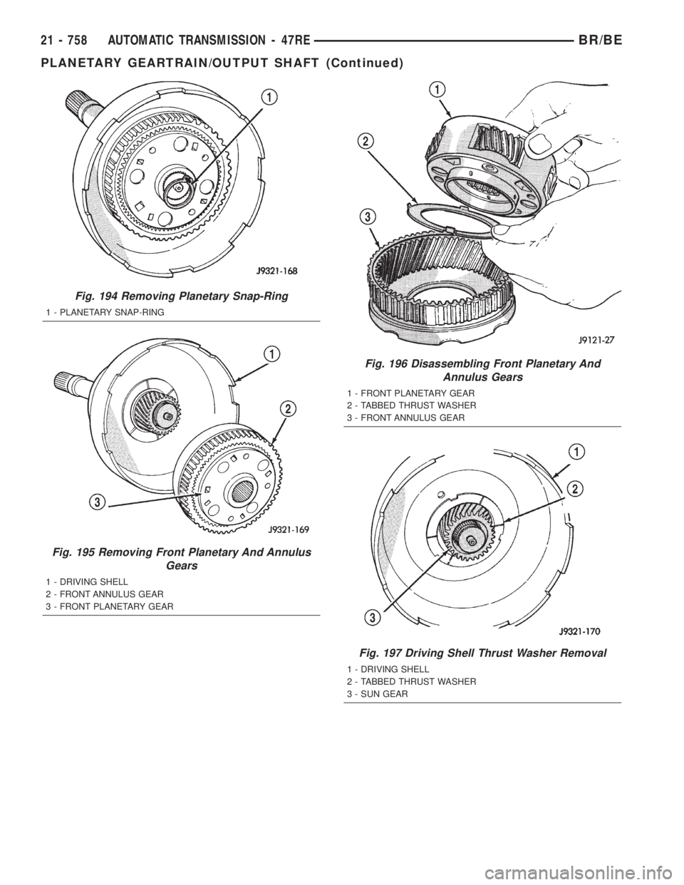 DODGE RAM 2001  Service Repair Manual Fig. 194 Removing Planetary Snap-Ring
1 - PLANETARY SNAP-RING
Fig. 195 Removing Front Planetary And Annulus
Gears
1 - DRIVING SHELL
2 - FRONT ANNULUS GEAR
3 - FRONT PLANETARY GEAR
Fig. 196 Disassembli