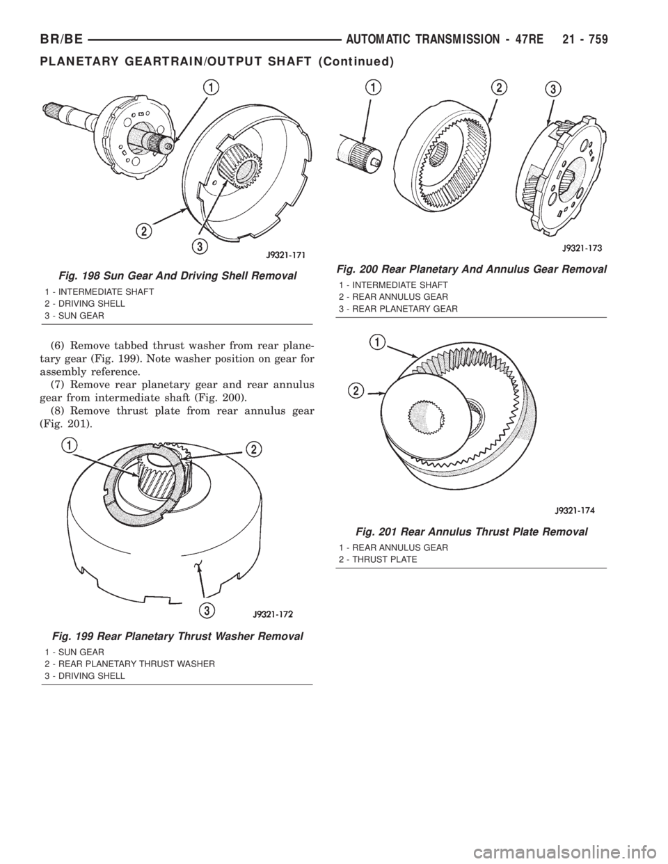 DODGE RAM 2001  Service Repair Manual (6) Remove tabbed thrust washer from rear plane-
tary gear (Fig. 199). Note washer position on gear for
assembly reference.
(7) Remove rear planetary gear and rear annulus
gear from intermediate shaft