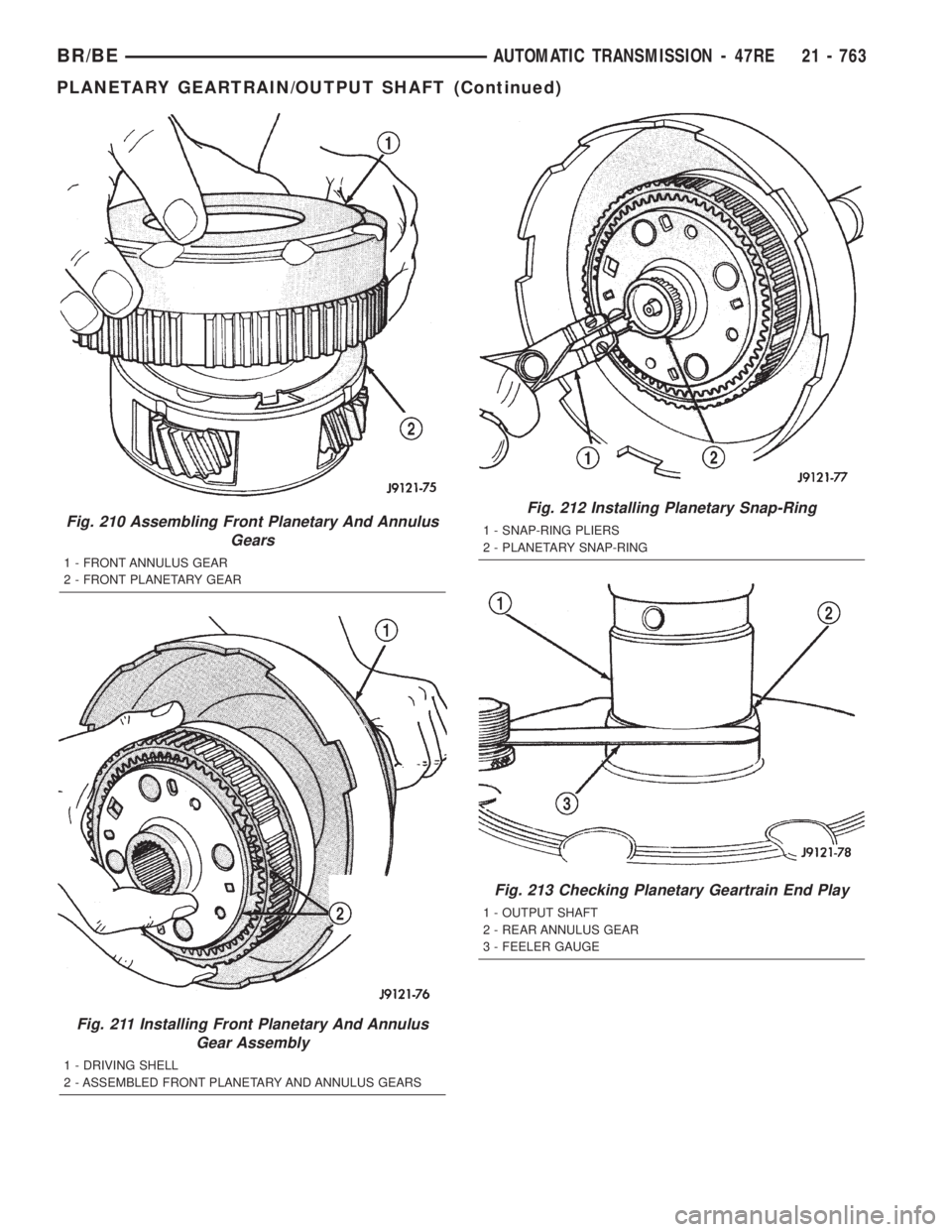 DODGE RAM 2001  Service Repair Manual Fig. 210 Assembling Front Planetary And Annulus
Gears
1 - FRONT ANNULUS GEAR
2 - FRONT PLANETARY GEAR
Fig. 211 Installing Front Planetary And Annulus
Gear Assembly
1 - DRIVING SHELL
2 - ASSEMBLED FRON