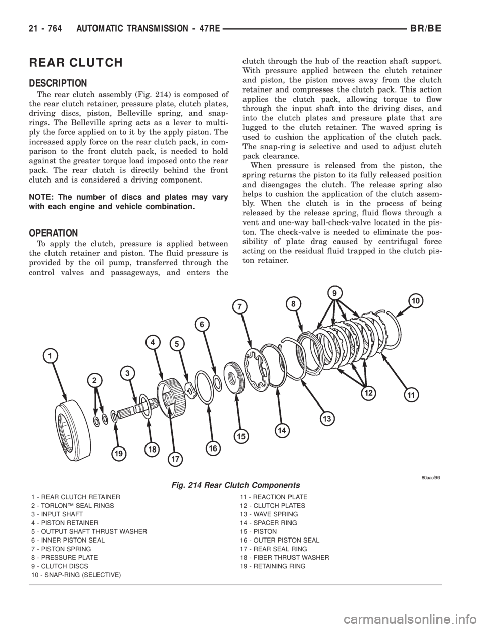 DODGE RAM 2001  Service Repair Manual REAR CLUTCH
DESCRIPTION
The rear clutch assembly (Fig. 214) is composed of
the rear clutch retainer, pressure plate, clutch plates,
driving discs, piston, Belleville spring, and snap-
rings. The Belle