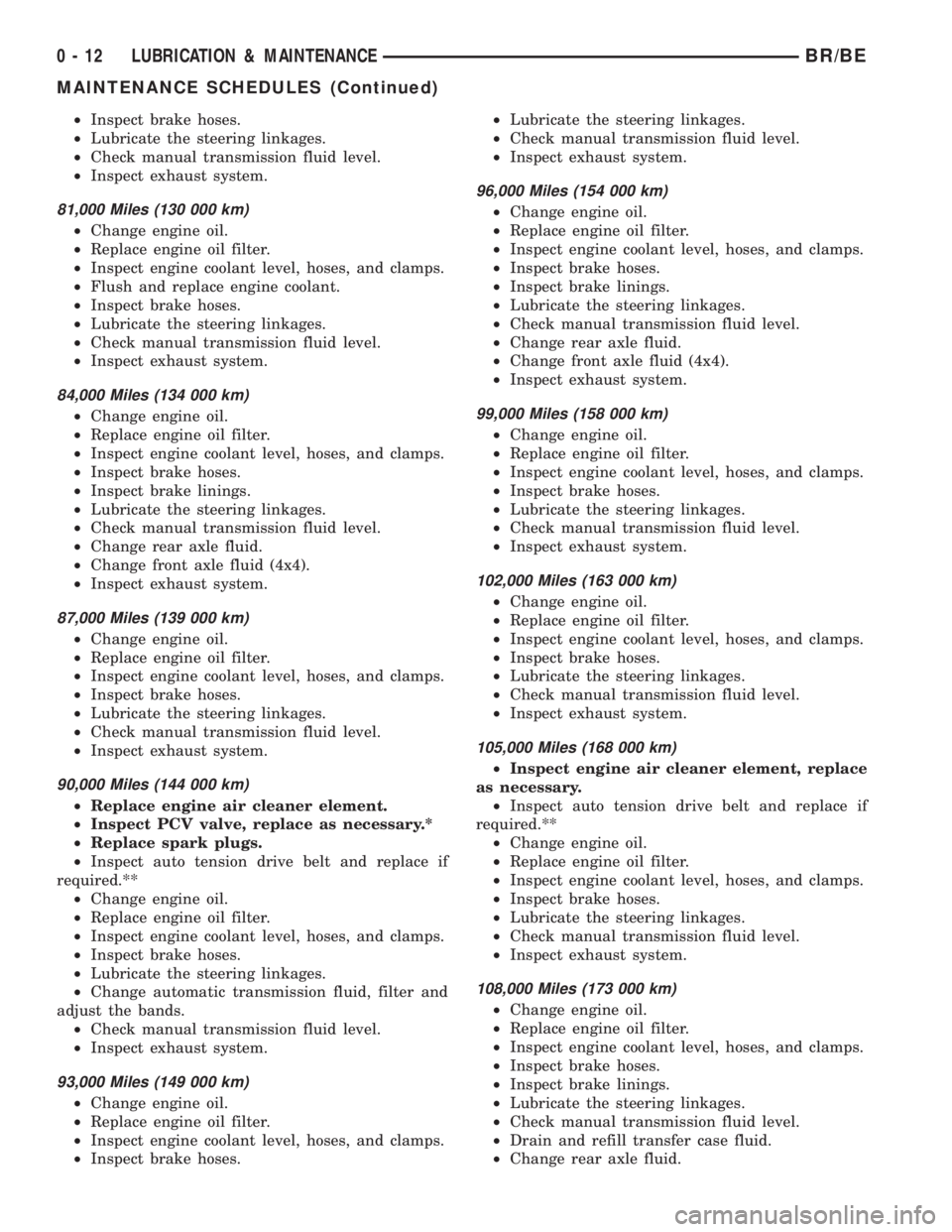 DODGE RAM 2001  Service Repair Manual ²Inspect brake hoses.
²Lubricate the steering linkages.
²Check manual transmission fluid level.
²Inspect exhaust system.
81,000 Miles (130 000 km)
²Change engine oil.
²Replace engine oil filter.