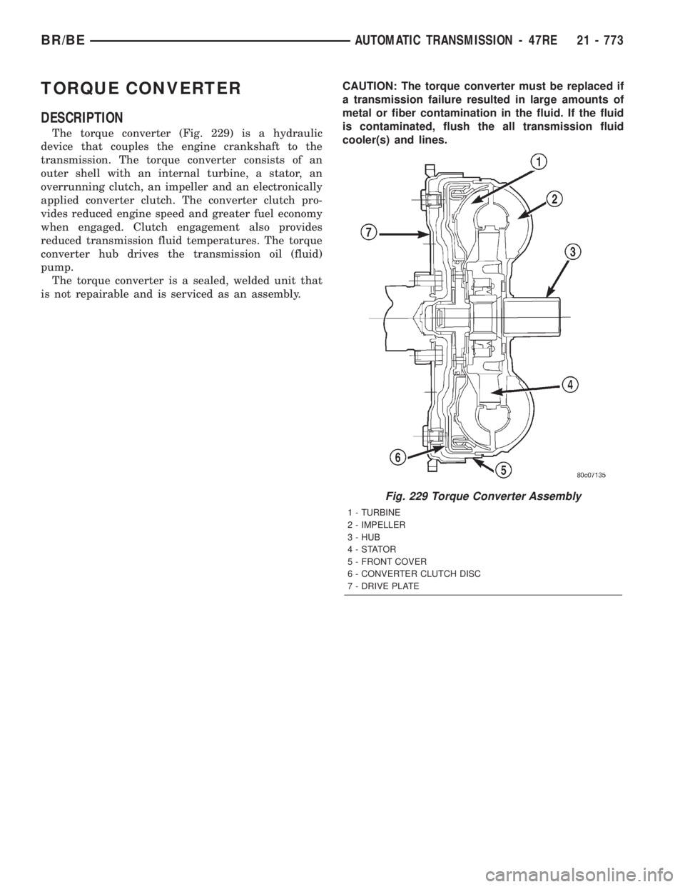 DODGE RAM 2001  Service Repair Manual TORQUE CONVERTER
DESCRIPTION
The torque converter (Fig. 229) is a hydraulic
device that couples the engine crankshaft to the
transmission. The torque converter consists of an
outer shell with an inter