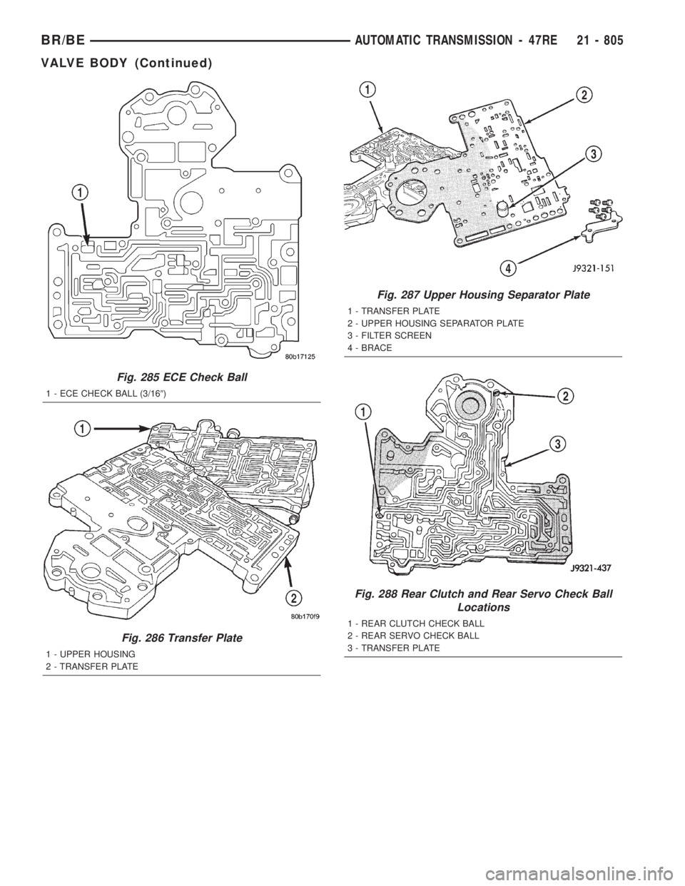 DODGE RAM 2001  Service Repair Manual Fig. 285 ECE Check Ball
1 - ECE CHECK BALL (3/169)
Fig. 286 Transfer Plate
1 - UPPER HOUSING
2 - TRANSFER PLATE
Fig. 287 Upper Housing Separator Plate
1 - TRANSFER PLATE
2 - UPPER HOUSING SEPARATOR PL
