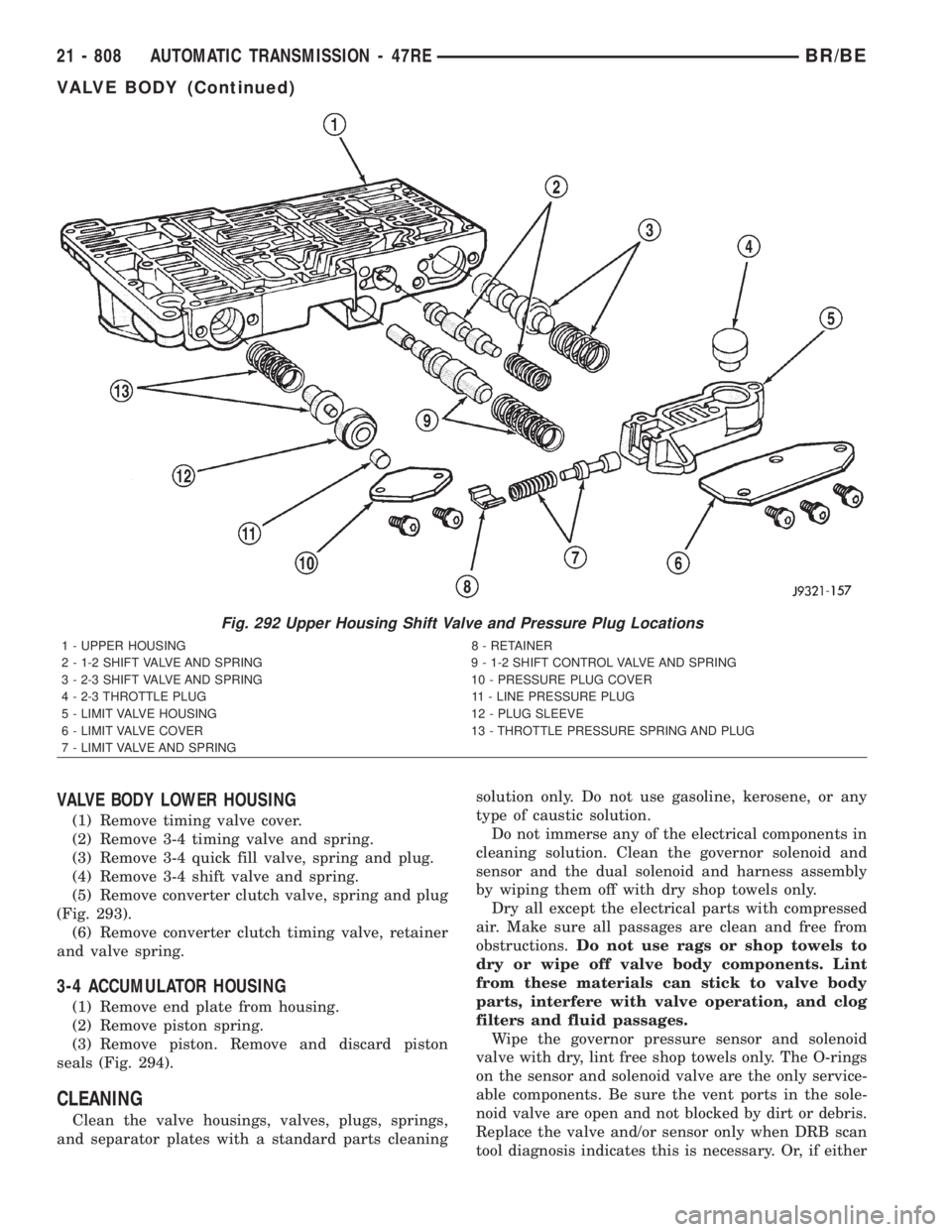 DODGE RAM 2001  Service Repair Manual VALVE BODY LOWER HOUSING
(1) Remove timing valve cover.
(2) Remove 3-4 timing valve and spring.
(3) Remove 3-4 quick fill valve, spring and plug.
(4) Remove 3-4 shift valve and spring.
(5) Remove conv