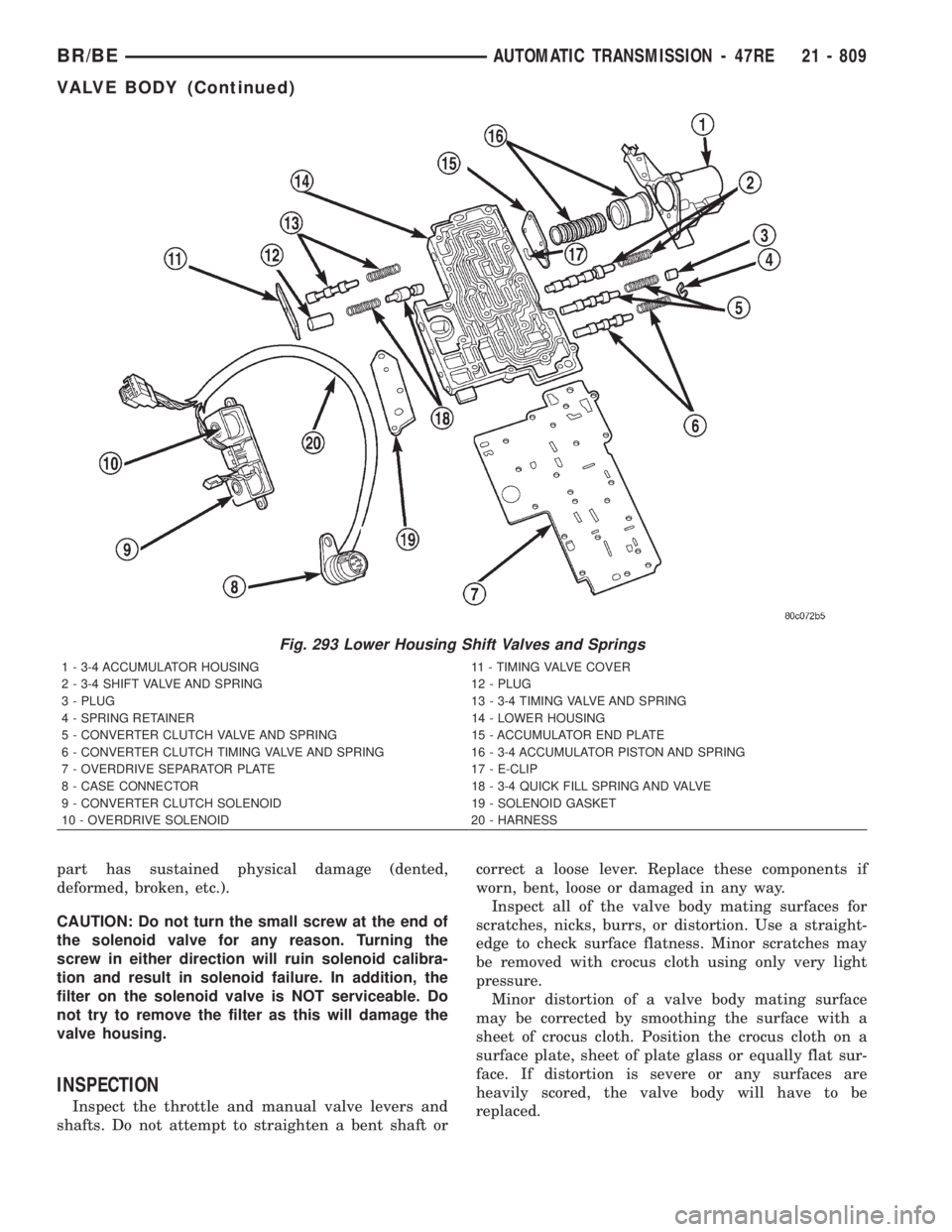 DODGE RAM 2001  Service Repair Manual part has sustained physical damage (dented,
deformed, broken, etc.).
CAUTION: Do not turn the small screw at the end of
the solenoid valve for any reason. Turning the
screw in either direction will ru
