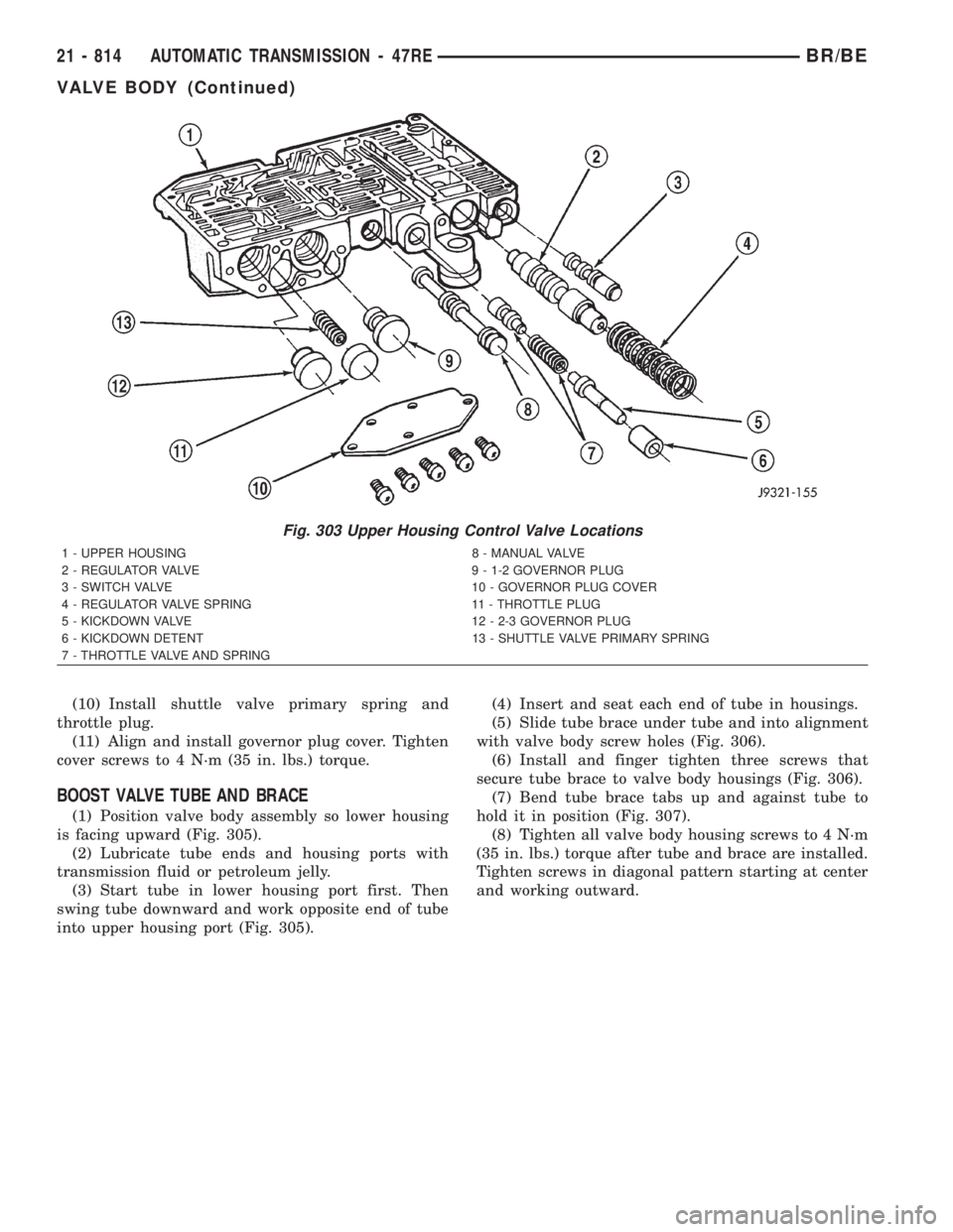 DODGE RAM 2001  Service Repair Manual (10) Install shuttle valve primary spring and
throttle plug.
(11) Align and install governor plug cover. Tighten
cover screws to 4 N´m (35 in. lbs.) torque.
BOOST VALVE TUBE AND BRACE
(1) Position va