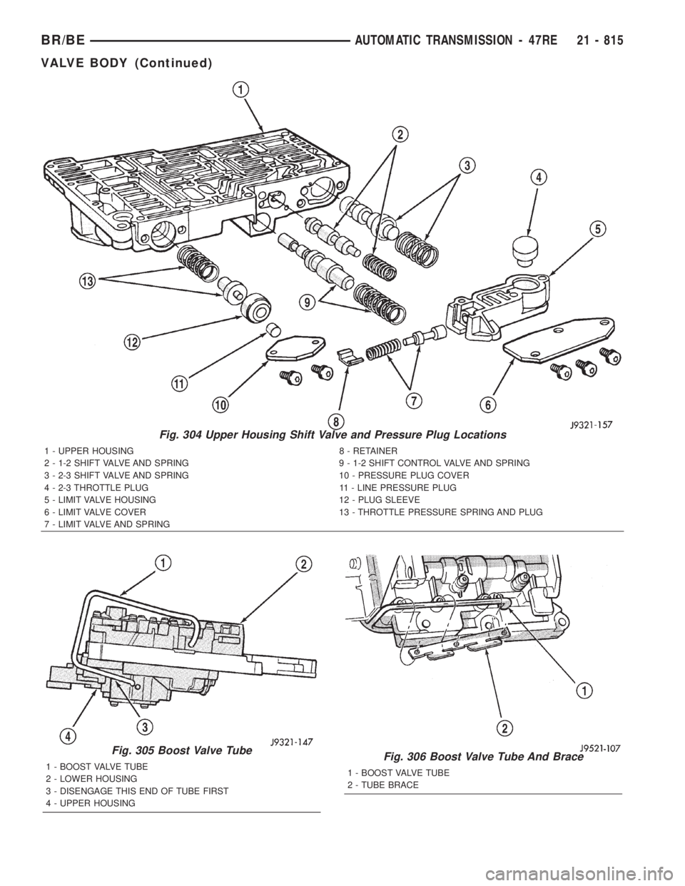 DODGE RAM 2001  Service Repair Manual Fig. 304 Upper Housing Shift Valve and Pressure Plug Locations
1 - UPPER HOUSING 8 - RETAINER
2 - 1-2 SHIFT VALVE AND SPRING 9 - 1-2 SHIFT CONTROL VALVE AND SPRING
3 - 2-3 SHIFT VALVE AND SPRING 10 - 