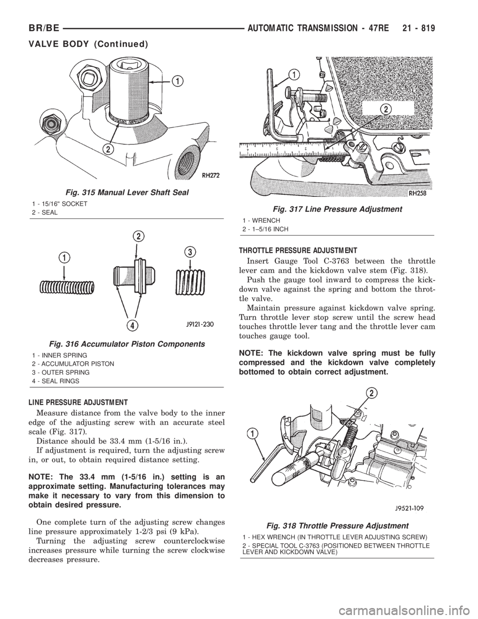 DODGE RAM 2001  Service Repair Manual LINE PRESSURE ADJUSTMENT
Measure distance from the valve body to the inner
edge of the adjusting screw with an accurate steel
scale (Fig. 317).
Distance should be 33.4 mm (1-5/16 in.).
If adjustment i