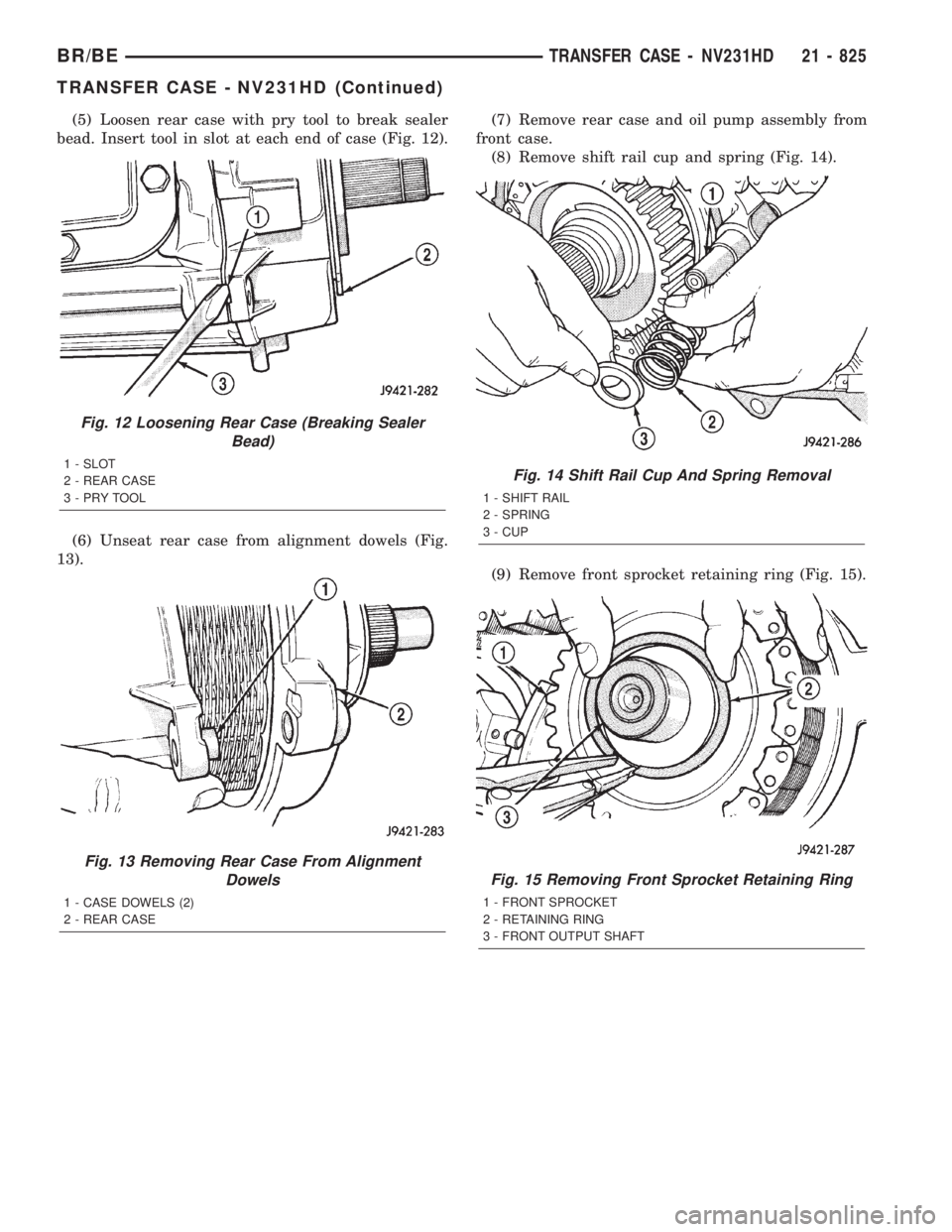 DODGE RAM 2001  Service Repair Manual (5) Loosen rear case with pry tool to break sealer
bead. Insert tool in slot at each end of case (Fig. 12).
(6) Unseat rear case from alignment dowels (Fig.
13).(7) Remove rear case and oil pump assem