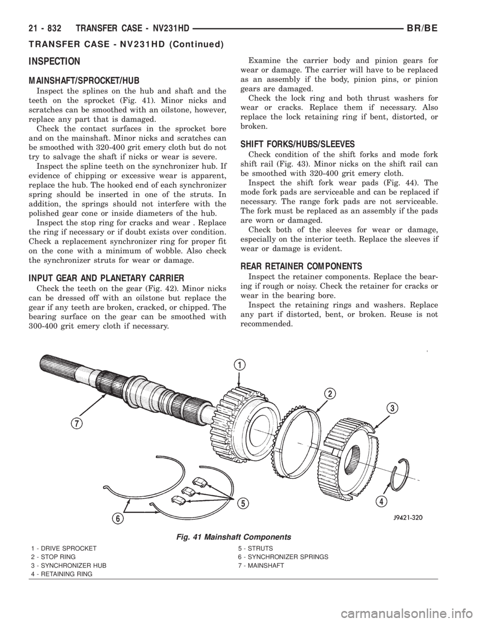 DODGE RAM 2001  Service Repair Manual INSPECTION
MAINSHAFT/SPROCKET/HUB
Inspect the splines on the hub and shaft and the
teeth on the sprocket (Fig. 41). Minor nicks and
scratches can be smoothed with an oilstone, however,
replace any par