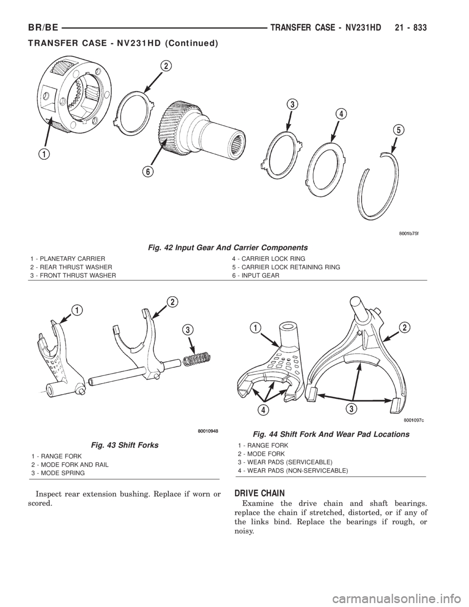 DODGE RAM 2001  Service Repair Manual Inspect rear extension bushing. Replace if worn or
scored.DRIVE CHAIN
Examine the drive chain and shaft bearings.
replace the chain if stretched, distorted, or if any of
the links bind. Replace the be