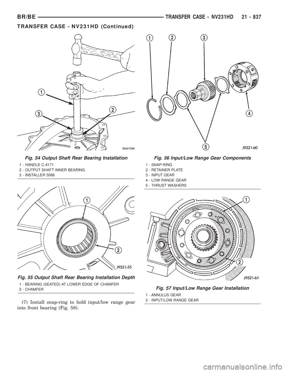 DODGE RAM 2001  Service Repair Manual (7) Install snap-ring to hold input/low range gear
into front bearing (Fig. 58).
Fig. 54 Output Shaft Rear Bearing Installation
1 - HANDLE C-4171
2 - OUTPUT SHAFT INNER BEARING
3 - INSTALLER 5066
Fig.