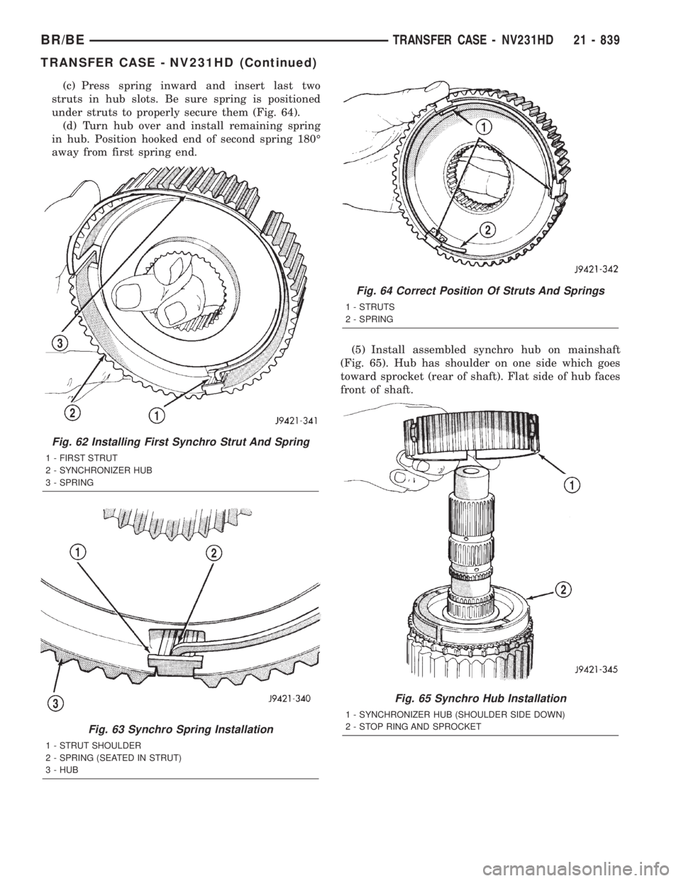 DODGE RAM 2001  Service Repair Manual (c) Press spring inward and insert last two
struts in hub slots. Be sure spring is positioned
under struts to properly secure them (Fig. 64).
(d) Turn hub over and install remaining spring
in hub. Pos