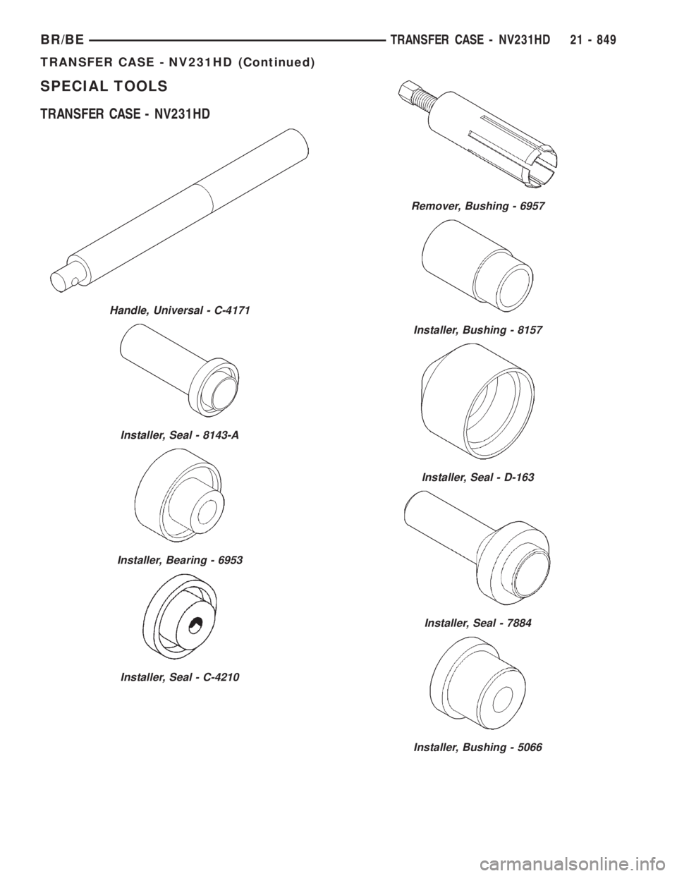 DODGE RAM 2001  Service Repair Manual SPECIAL TOOLS
TRANSFER CASE - NV231HD
Handle, Universal - C-4171
Installer, Seal - 8143-A
Installer, Bearing - 6953
Installer, Seal - C-4210
Remover, Bushing - 6957
Installer, Bushing - 8157
Installer