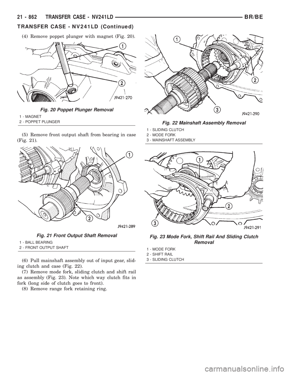 DODGE RAM 2001  Service Repair Manual (4) Remove poppet plunger with magnet (Fig. 20).
(5) Remove front output shaft from bearing in case
(Fig. 21).
(6) Pull mainshaft assembly out of input gear, slid-
ing clutch and case (Fig. 22).
(7) R